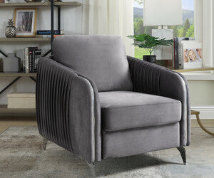 Gray Velvet Accent Armchair - Hathaway 32' in a modern living room setting with quilted sides and chrome legs, adding elegance to home decor.