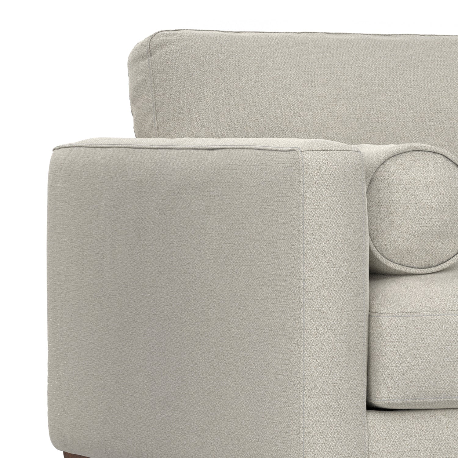 Close-up of left armrest and cushion on Modern Armchair Cream White - Morrison Collection, highlighting soft padding and stitching.