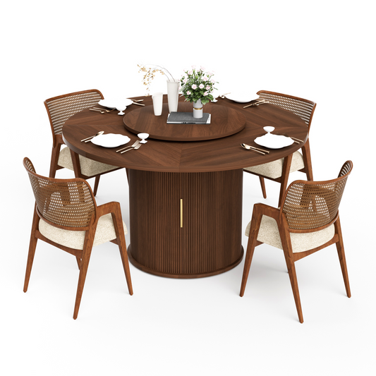 55-inch round dining table for six, featuring a double-tiered storage rack and a rotating tabletop tray. Wooden wavy-striped sliding doors. Ideal for home dining room living room (Walnut).