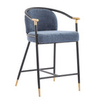 Stylish counter stool with blue upholstered seat, black metal frame, and gold accents, perfect for modern kitchen or bar seating.