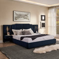 King Size Upholstered Bed with Headboard - Dark Blue features a vertical stripe design, built-in bedside tables, and adjustable reading lamps. The solid frame and plush fabric offer luxury and comfort for modern bedrooms.
