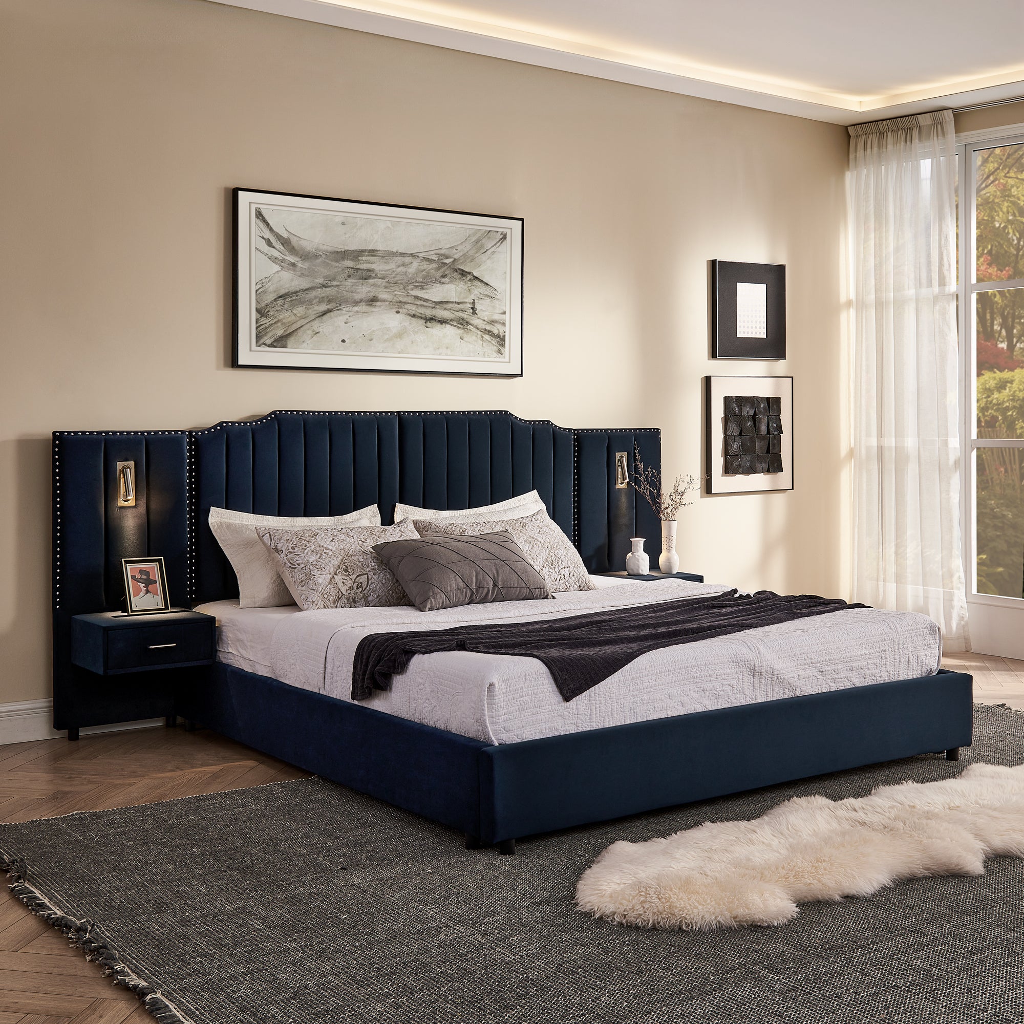 King Size Upholstered Bed with Headboard - Dark Blue features a vertical stripe design, built-in bedside tables, and adjustable reading lamps. The solid frame and plush fabric offer luxury and comfort for modern bedrooms.