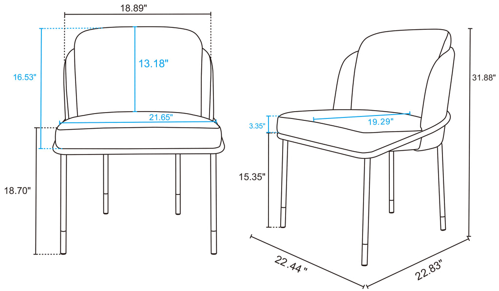 Detailed dimensions of Modern Grey Dining Chair with Metal Base, including seat height, width, and overall chair measurements for accurate fit.