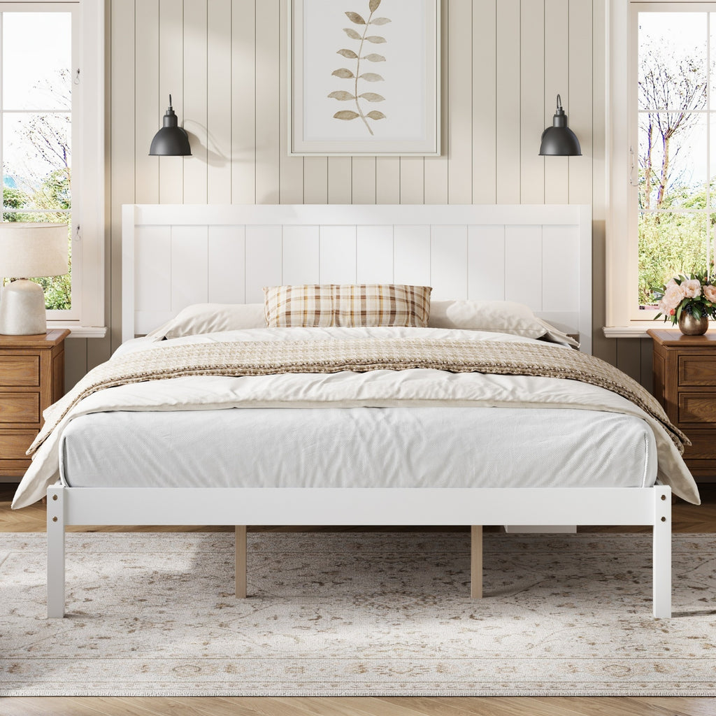 King White Pine Wood Platform Bed Frame with Headboard
