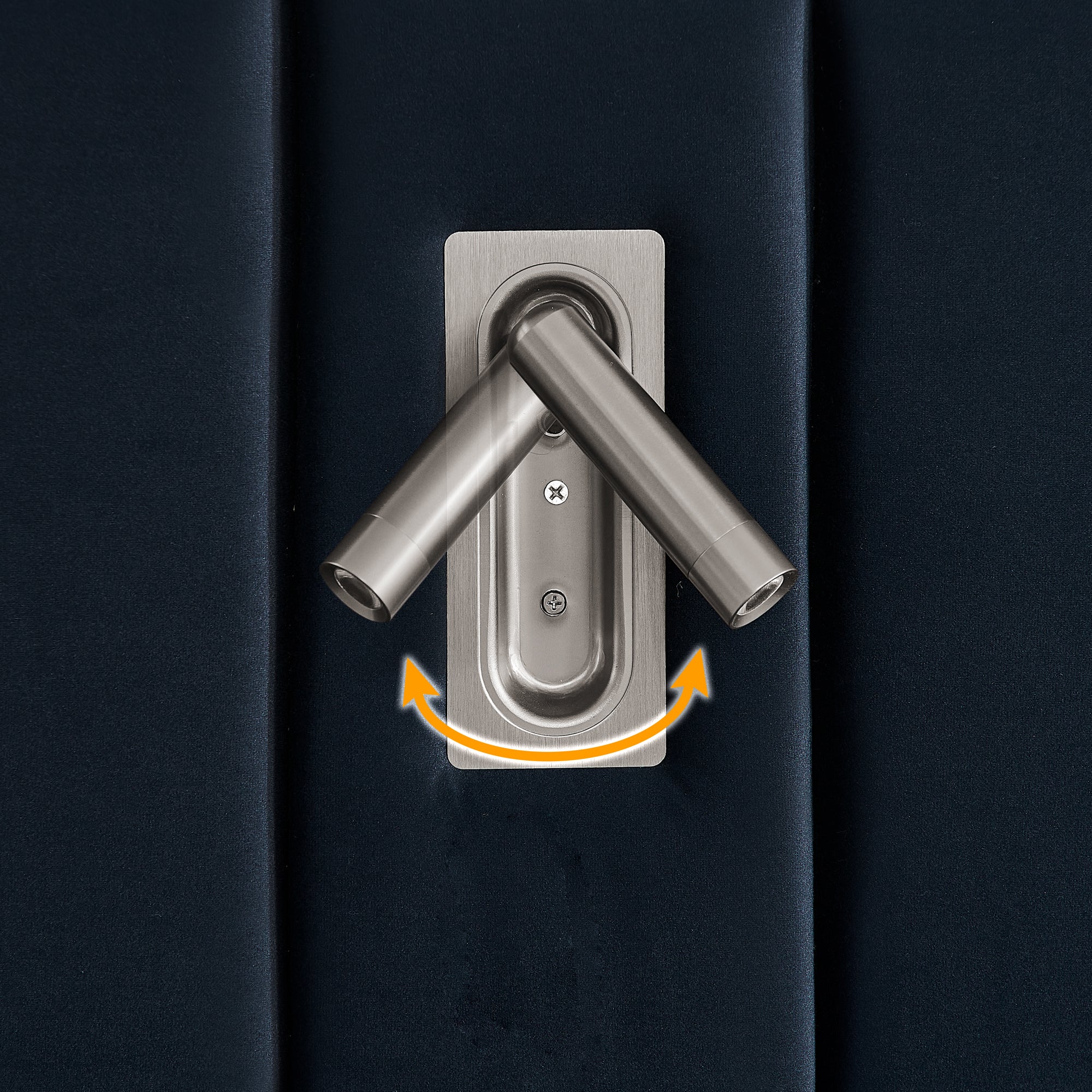 Dual adjustable LED lights on navy velvet headboard of queen upholstered bed frame with modern lighting design.