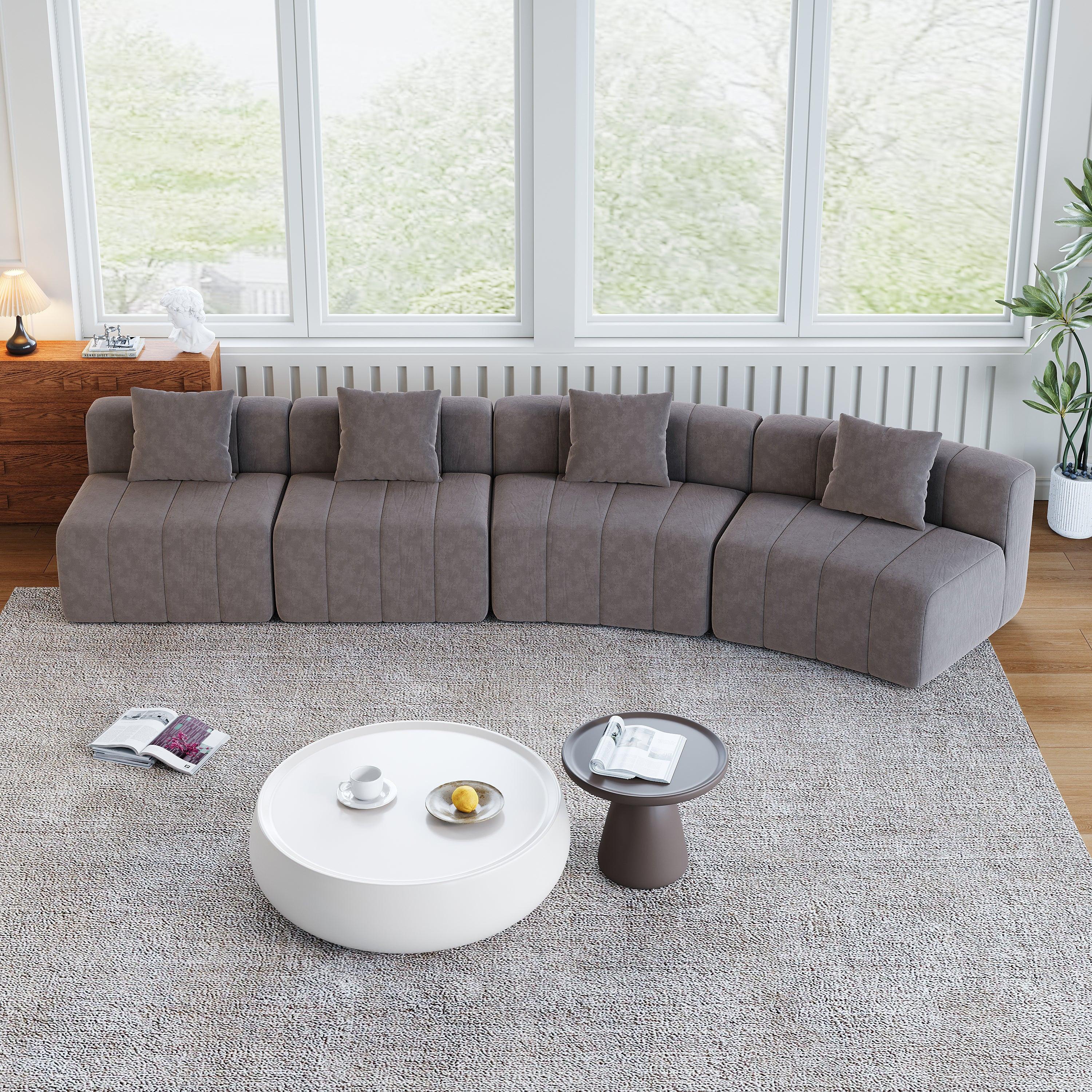 Modular Chenille Curved Sectional Sofa with 4 Pillows.