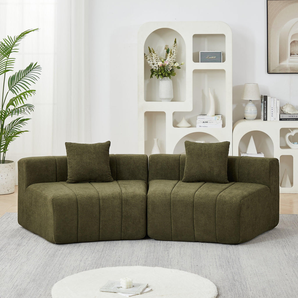 Chenille Curved Sectional Sofa with 2 Pillows.