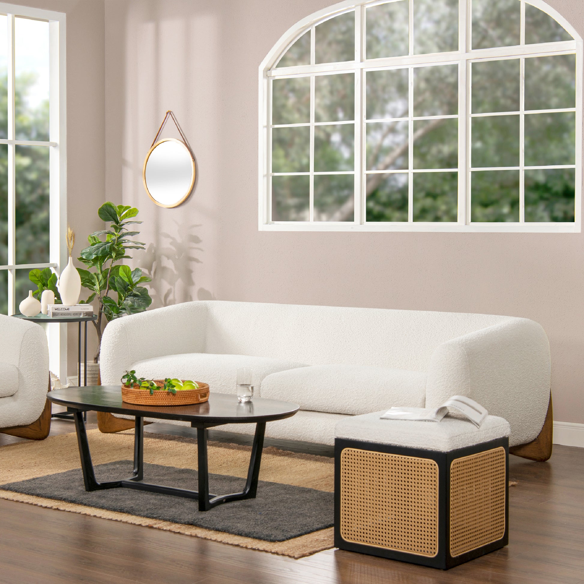 Alpine Sherpa Sofa Ivory White - Durable & Stylish in bright living room with large windows, black table, and indoor plants.