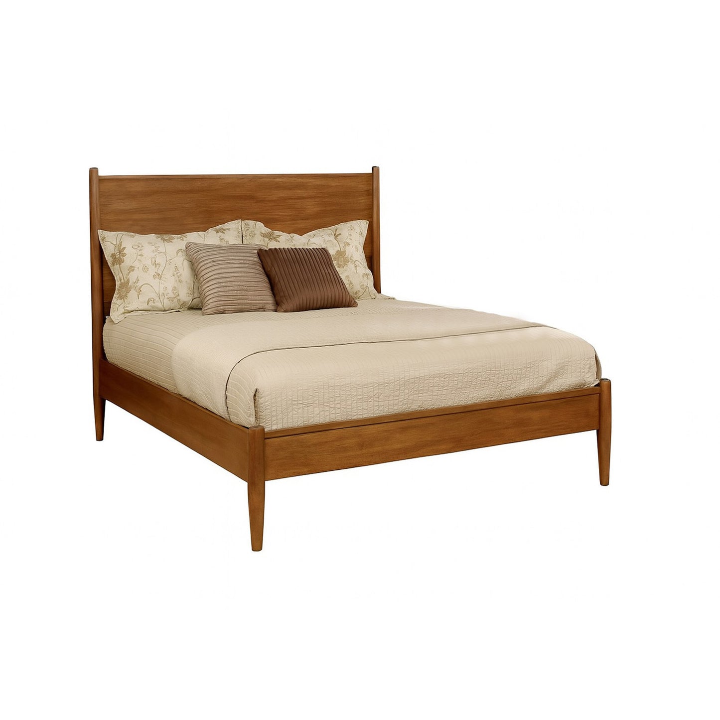 Mid-Century Modern platform bed in oak finish with full size frame, tapered legs, and slatted base, styled with neutral bedding and accent pillows.