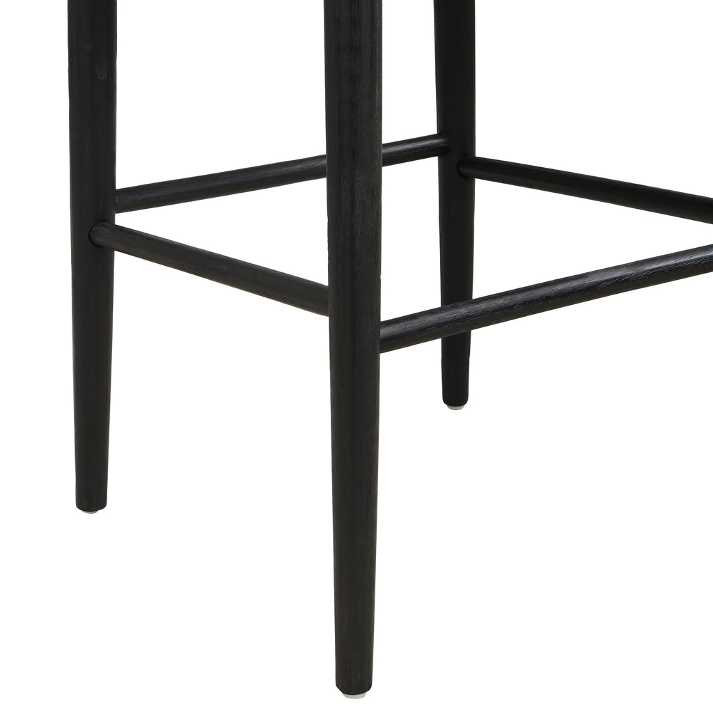 Close-up of black bar stool legs and footrest, highlighting sturdy rubberwood construction and sleek tapered design.