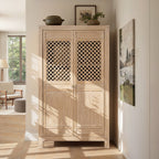 Tall light brown reclaimed pine storage cabinet with two doors featuring decorative lattice upper panels.