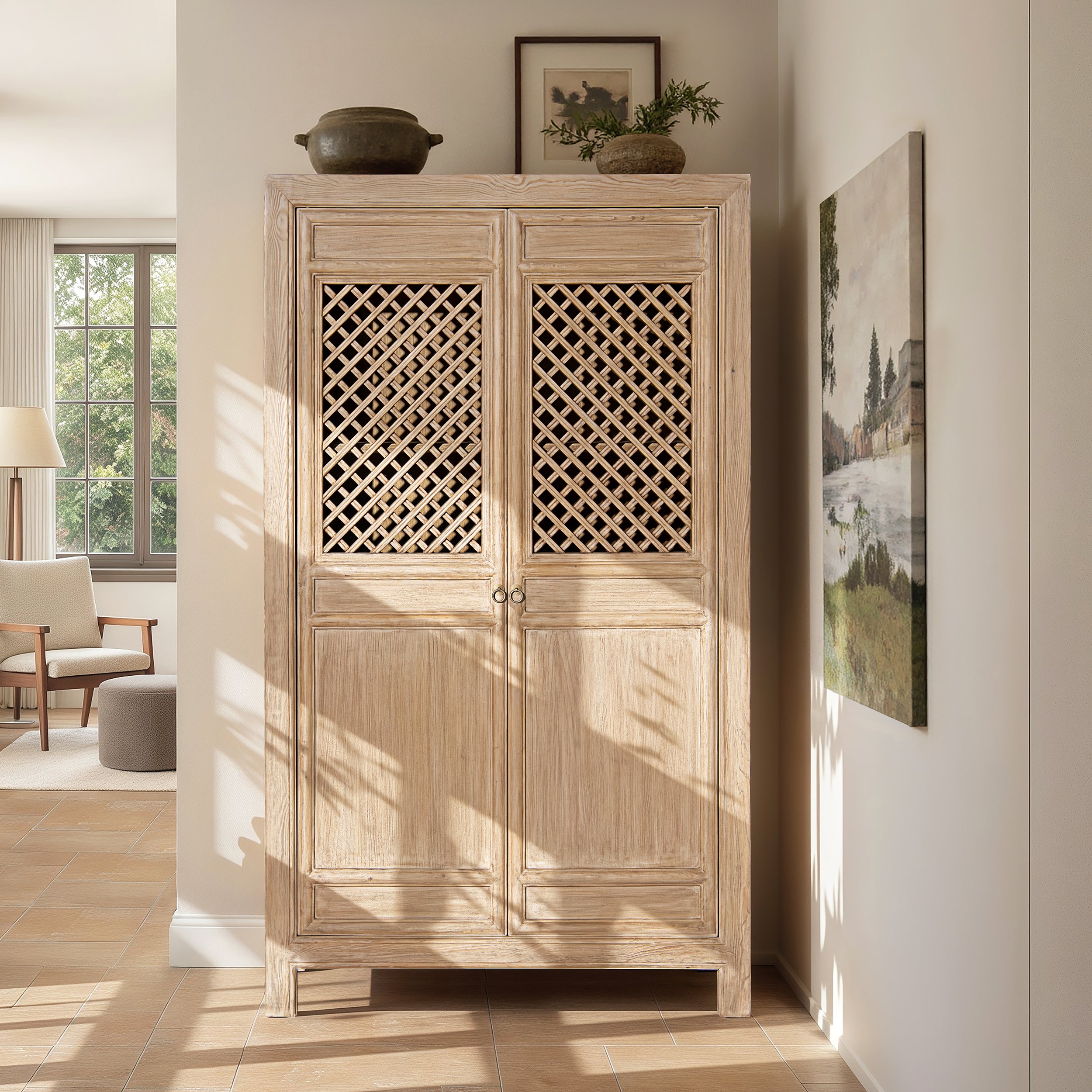 Tall light brown reclaimed pine storage cabinet with two doors featuring decorative lattice upper panels.