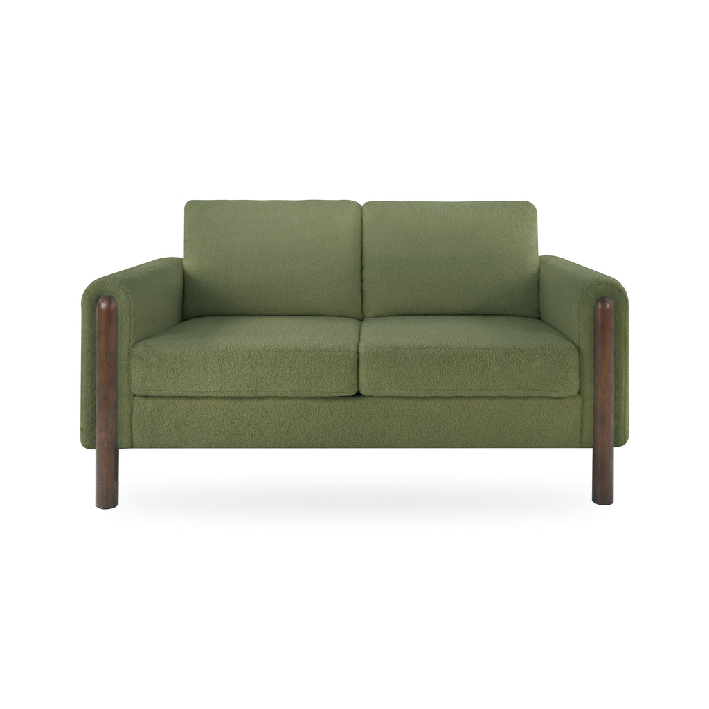 Comfy Green Teddy Fabric Mid-Century Modern Loveseat with Walnut Legs
