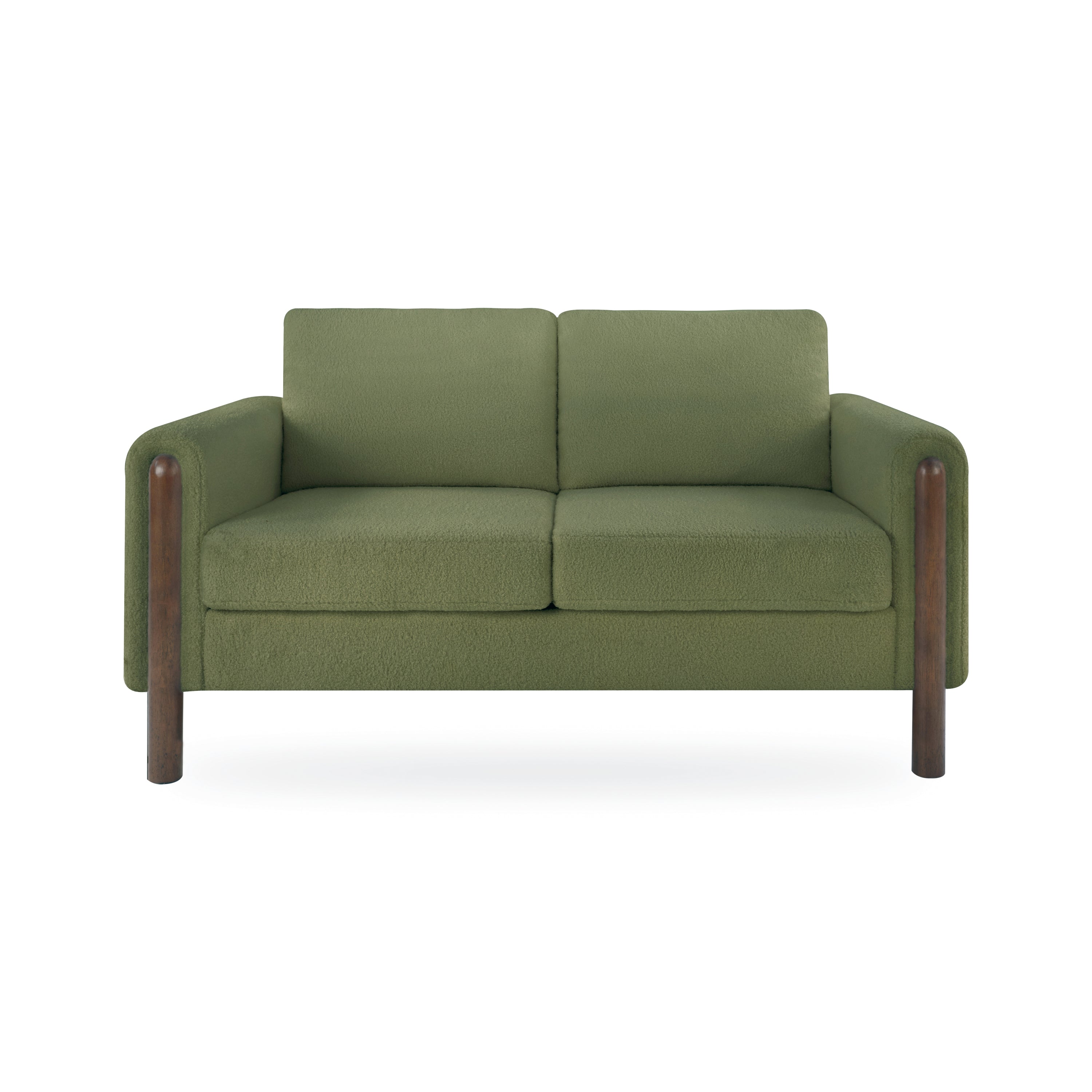 Comfy Green Teddy Fabric Mid-Century Modern Loveseat with Walnut Legs