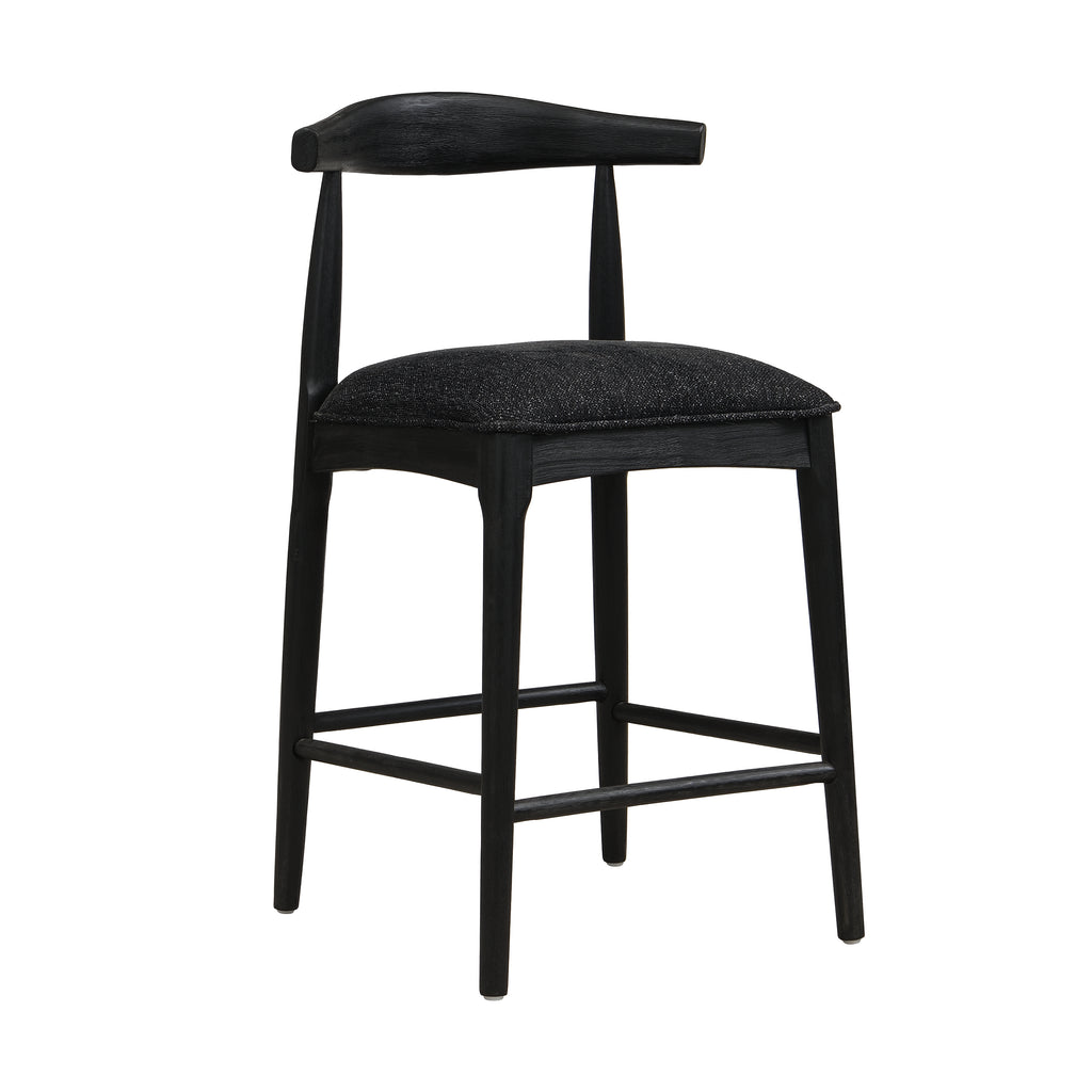 Angled view of Black Fabric Counter Stool showcasing minimalist design and durable black wood frame for contemporary interiors.
