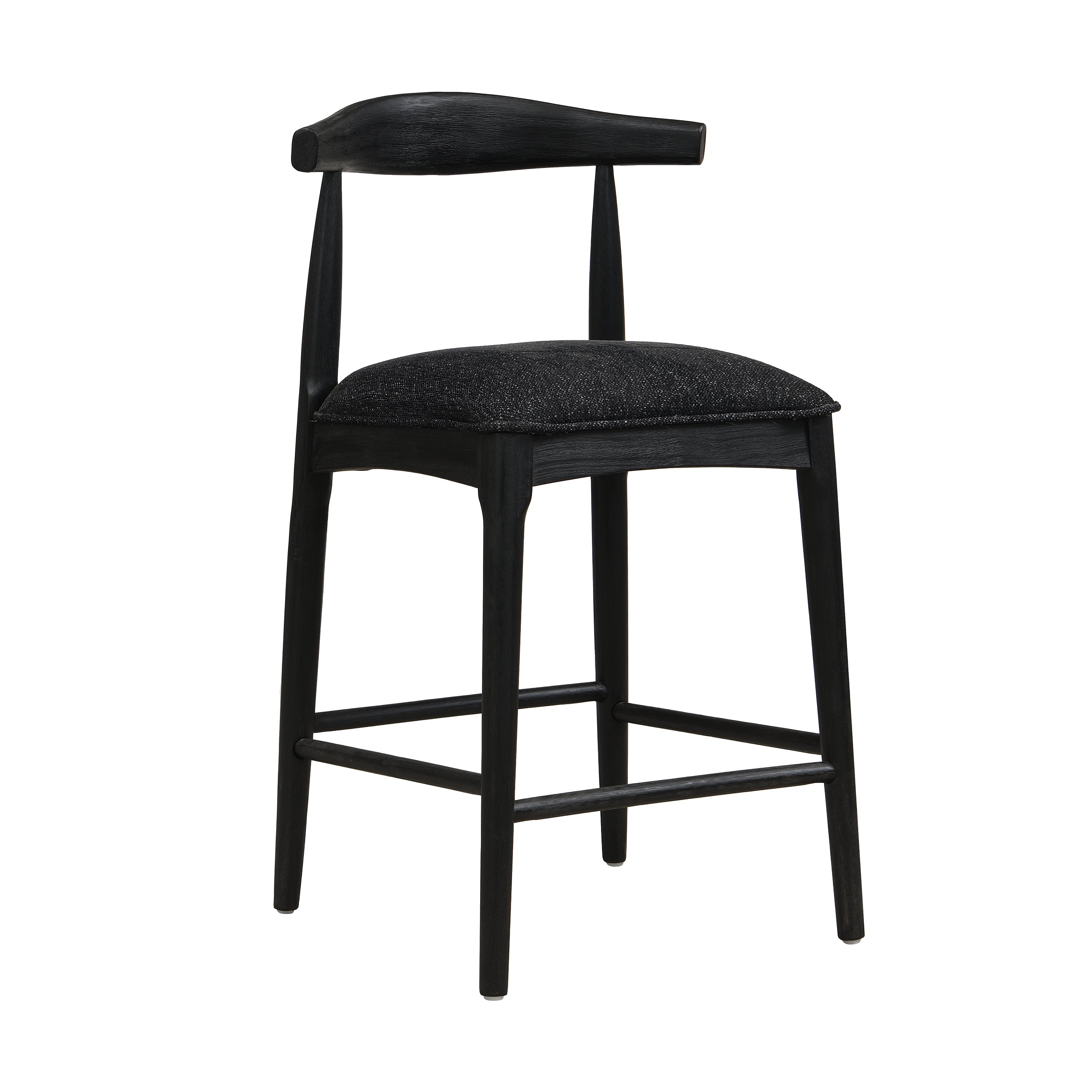 Angled view of Black Fabric Counter Stool showcasing minimalist design and durable black wood frame for contemporary interiors.