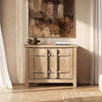Light natural brown reclaimed pine storage cabinet with two doors featuring a distinctive vertical crossbar design.