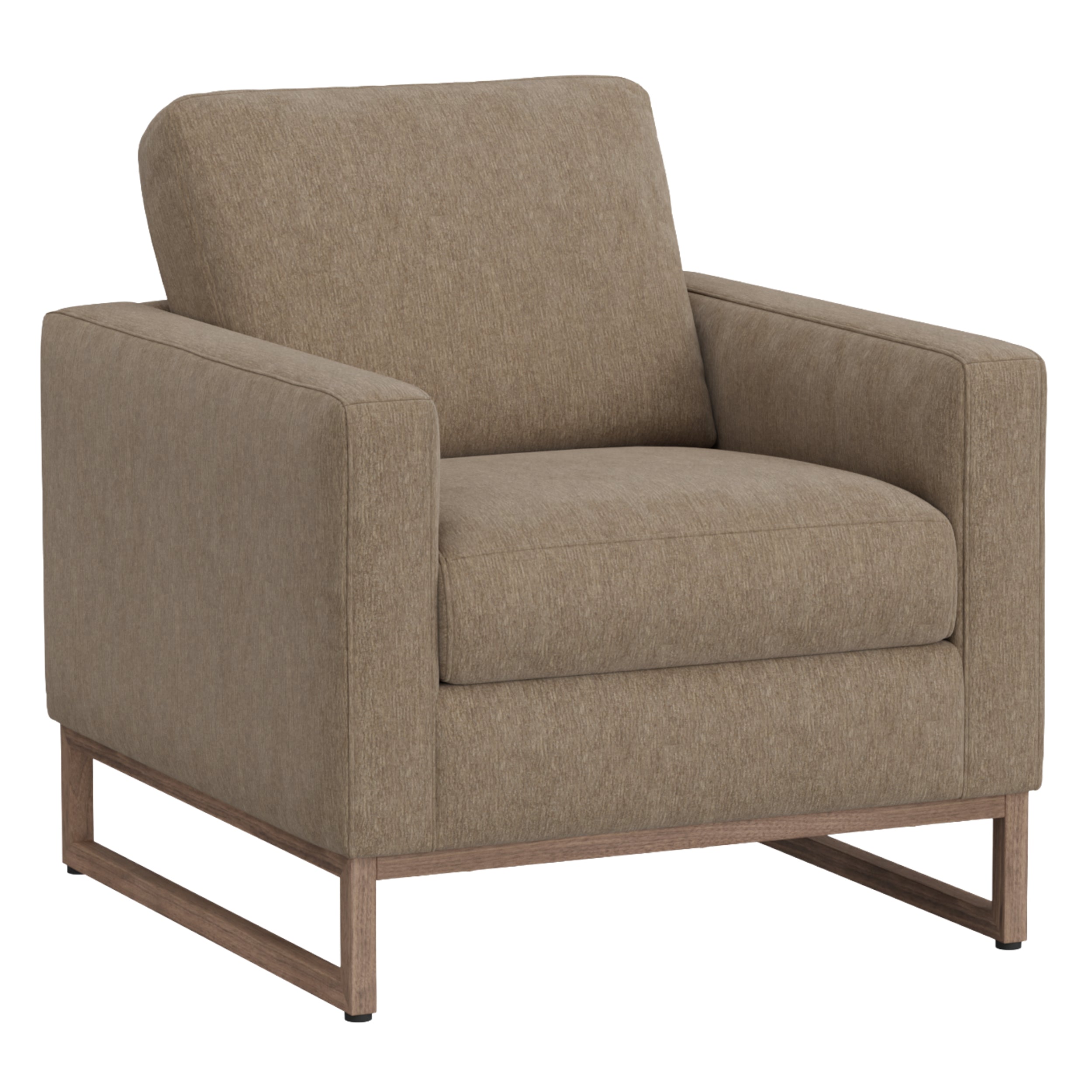 Modern beige accent chair with textured fabric upholstery, square arms, and a sleek, light wood sled base.