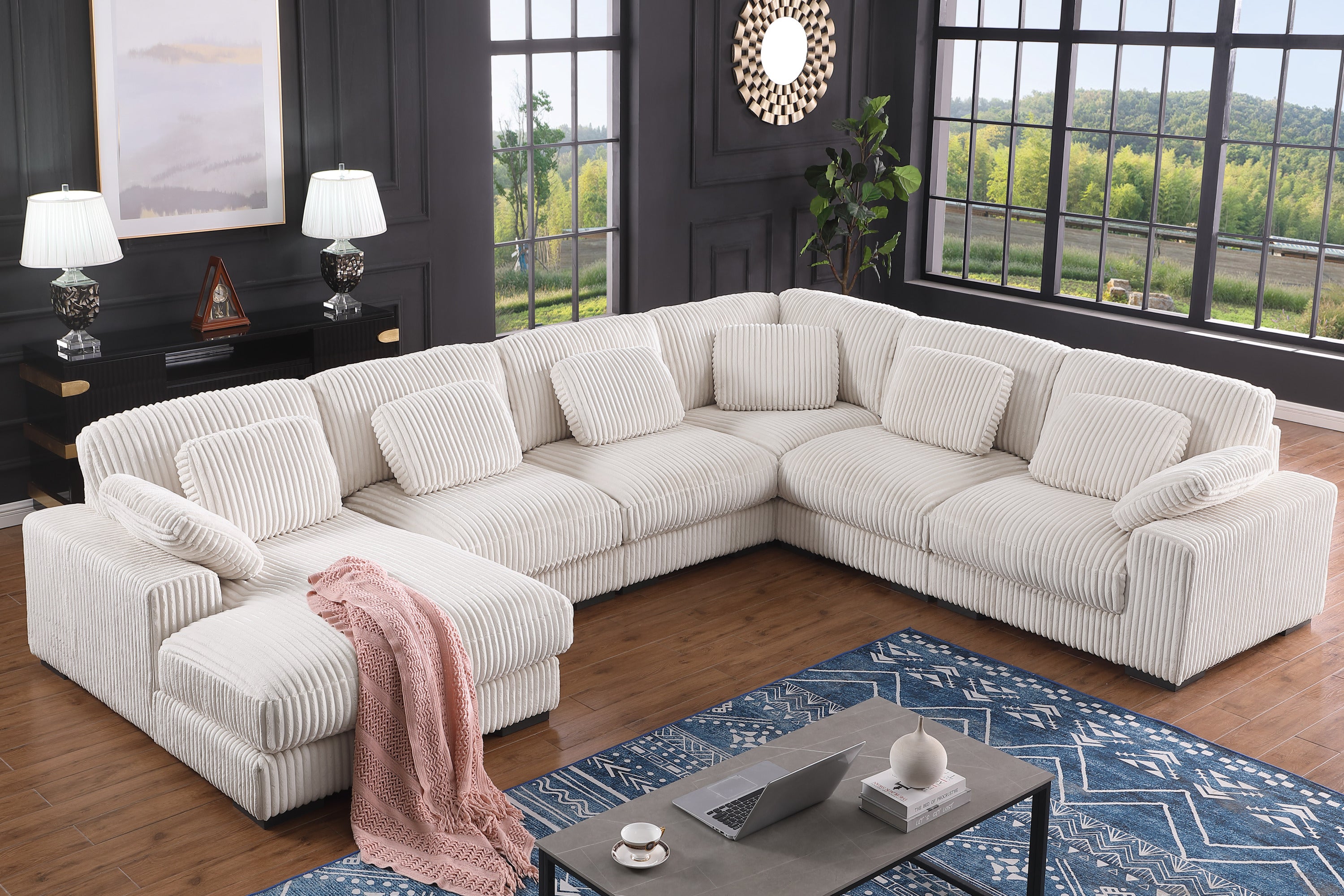 Spacious Beige Corduroy Corner Sectional Sofa with left-facing chaise and six seats, styled in a contemporary interior.