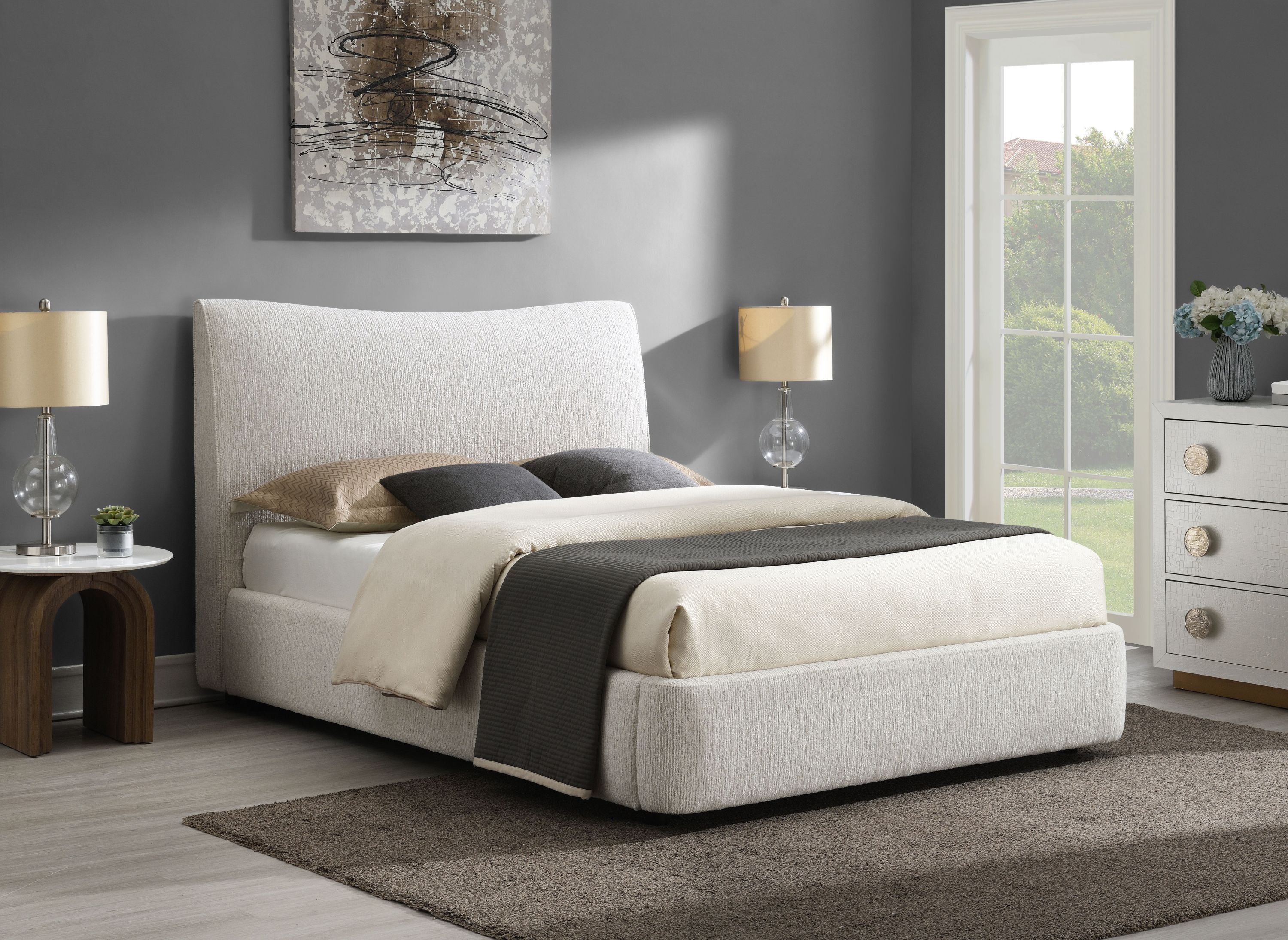 Renee Beige Chenille Queen Bed with Padded Headboard
