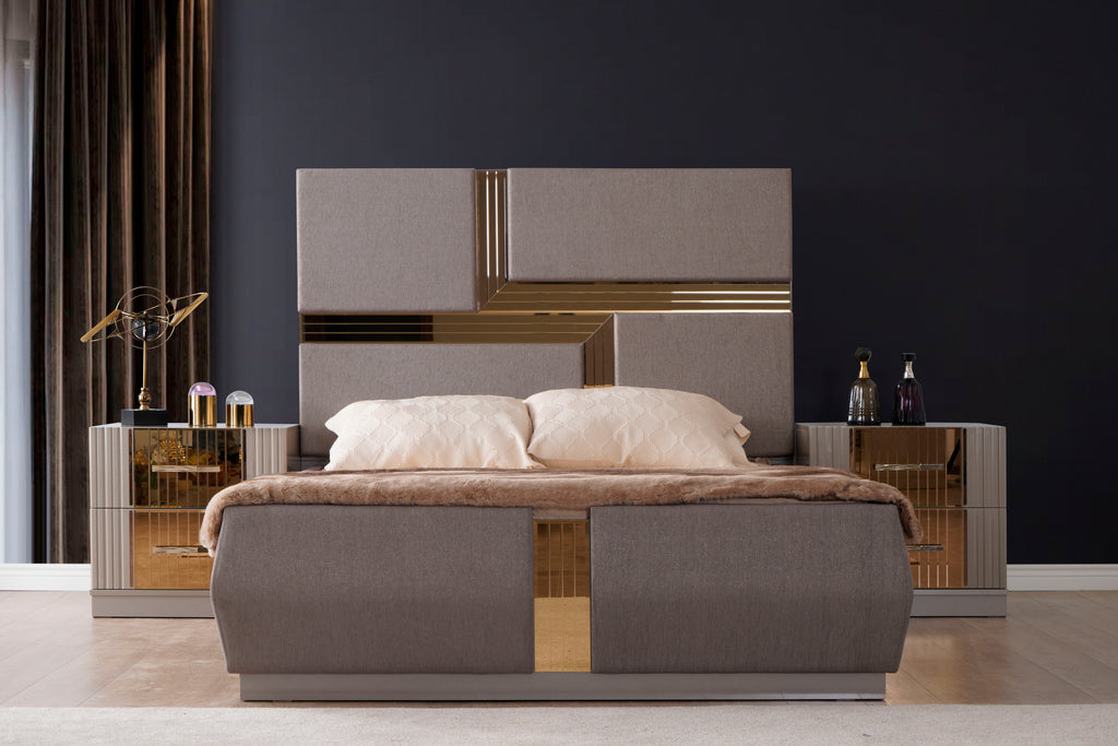 Lorenzo Queen Bed styled in a luxury bedroom setup with matching nightstands, gray frame and gold-accented headboard.