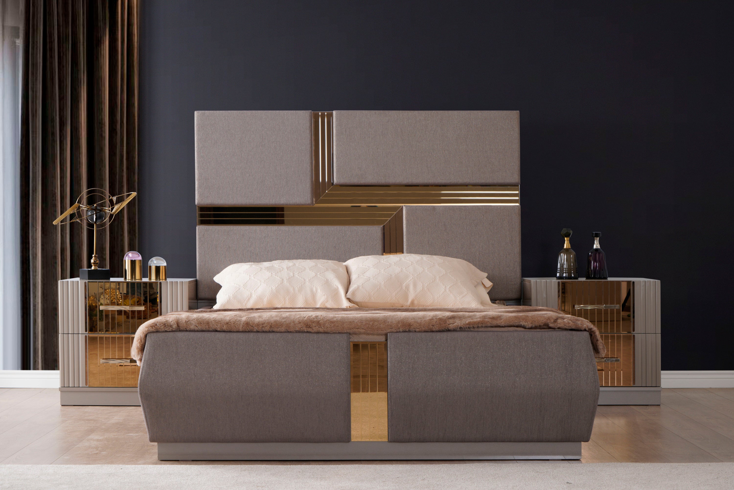 Lorenzo Queen Bed styled in a luxury bedroom setup with matching nightstands, gray frame and gold-accented headboard.