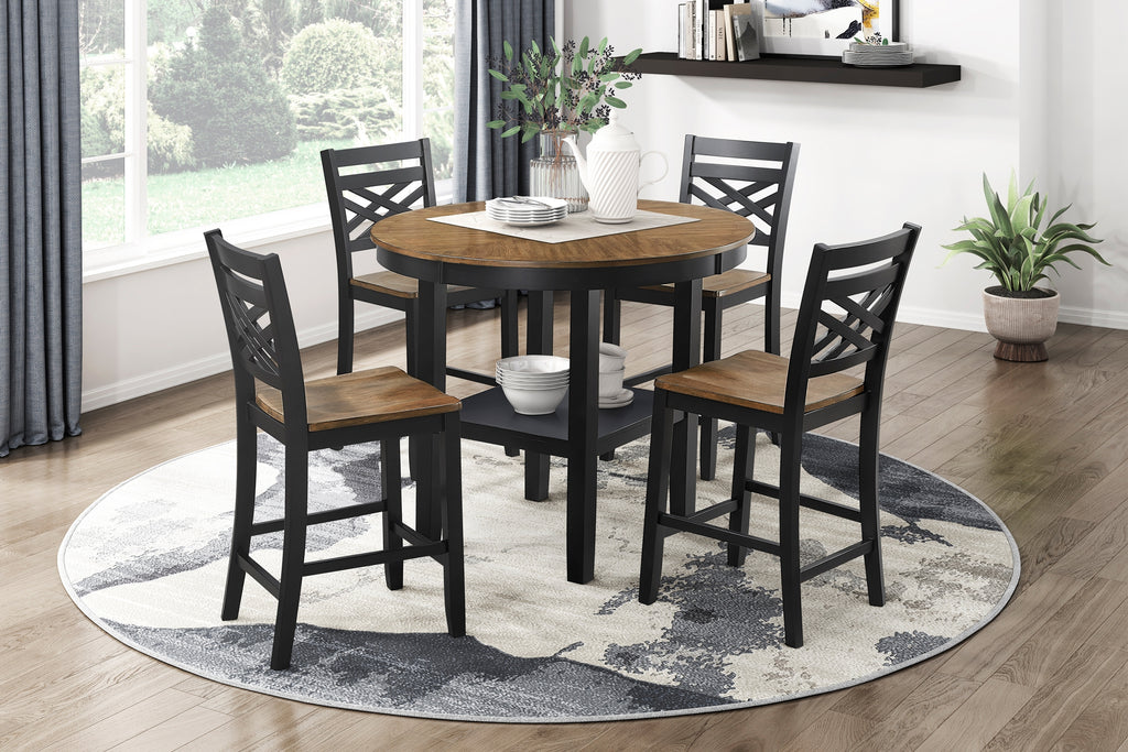 Modern dining room setup with 5pc counter height dining set featuring round table with storage and four chairs in black and wood.