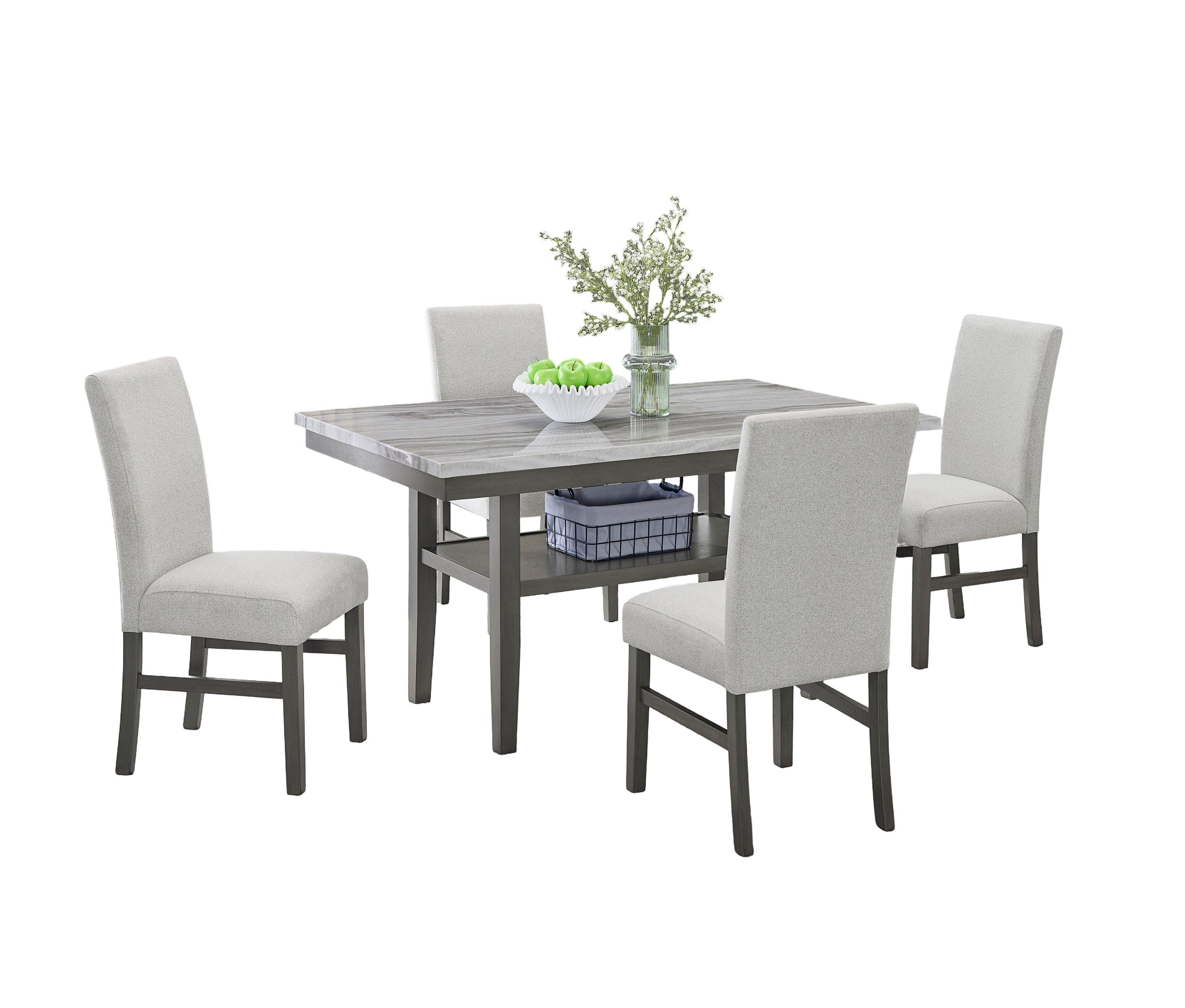 Luna 5-Piece Gray Faux Marble Dining Set with Chairs.