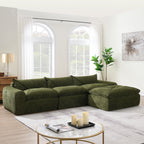 Green 116'' compressed sofa with high density foam in a sunlit room, showcasing its plush seating and no assembly convenience.