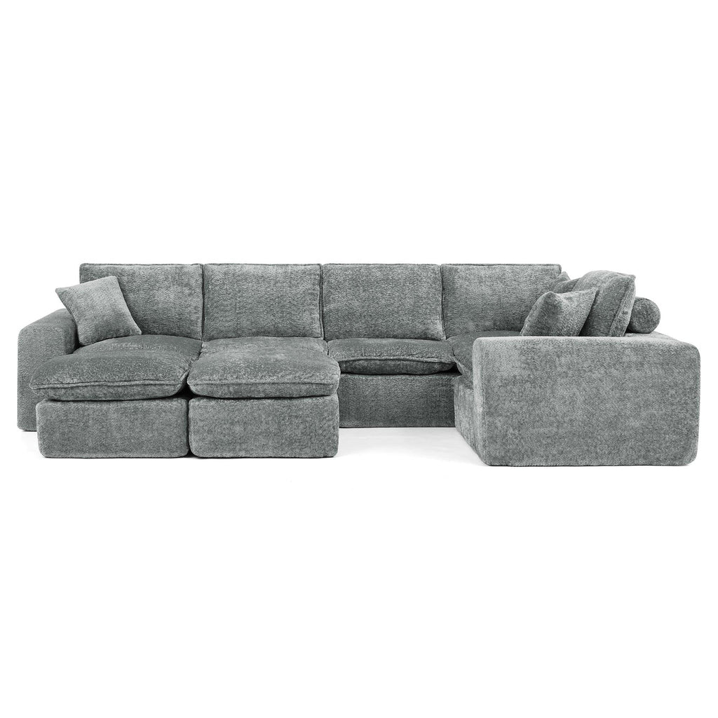 L-shaped Boucle Sectional Sofa with Moveable Ottomans.