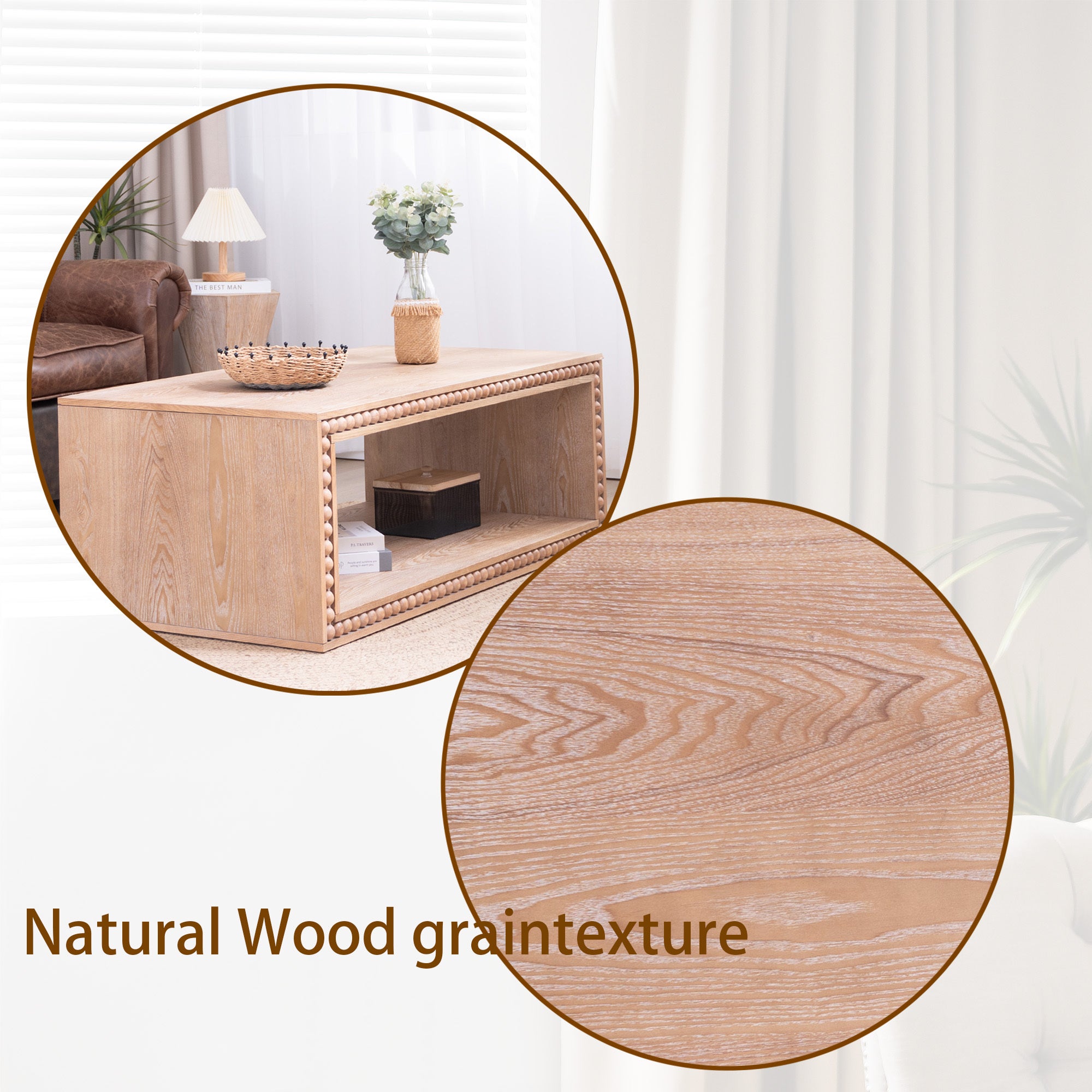 Zoomed-in view of natural wood grain texture on the Rustic Beaded Edge Coffee Table, highlighting its farmhouse appeal.