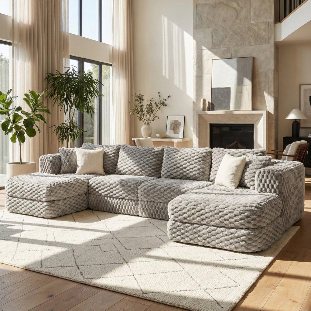 Modular Sectional Sofa Grey Bubble Velvet with Movable Ottomans.