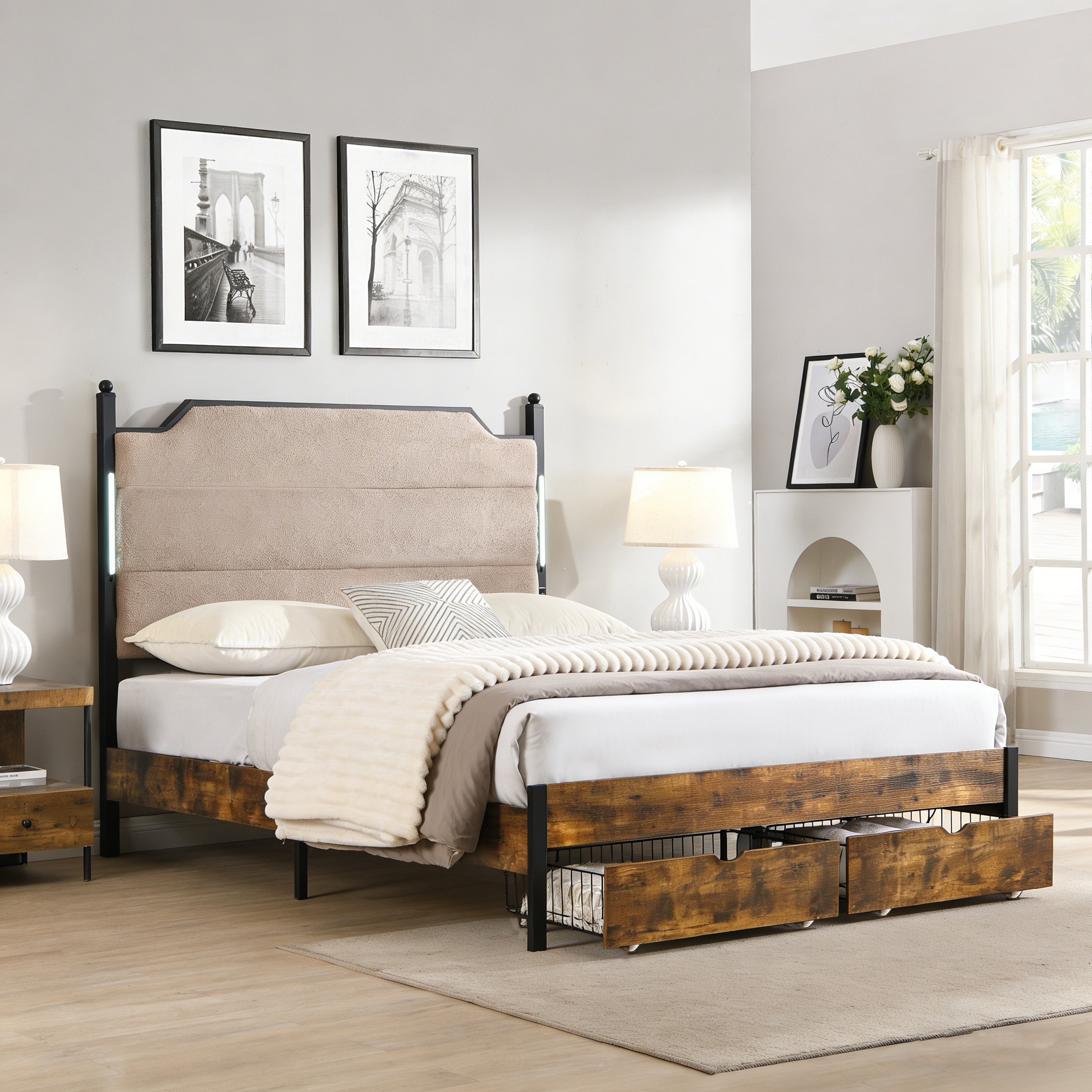 King bed frame with beige upholstered headboard, integrated LED lights, and two rustic wood storage drawers underneath.