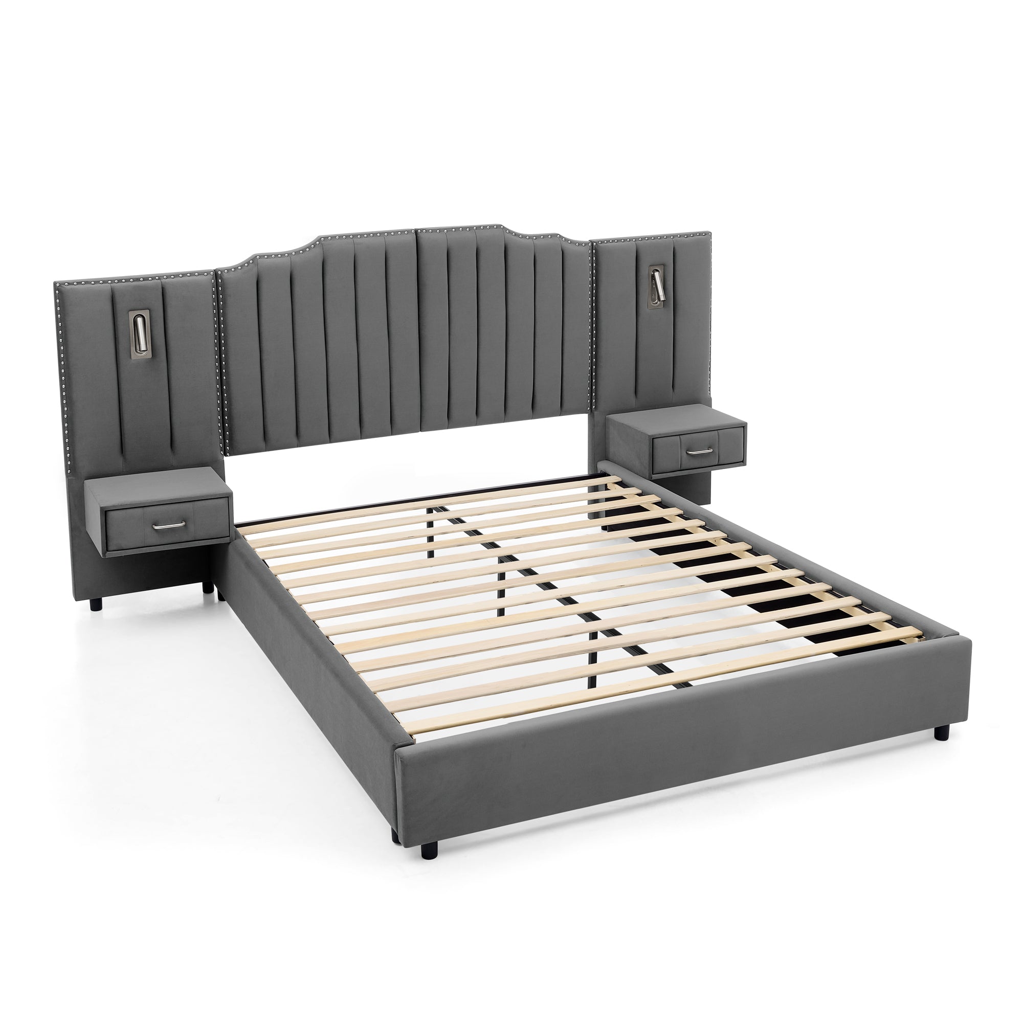 Upholstered Queen Bed Frame with velvet headboard in dark gray, featuring vertical stripe design, built-in bedside lamps, and attached nightstands.