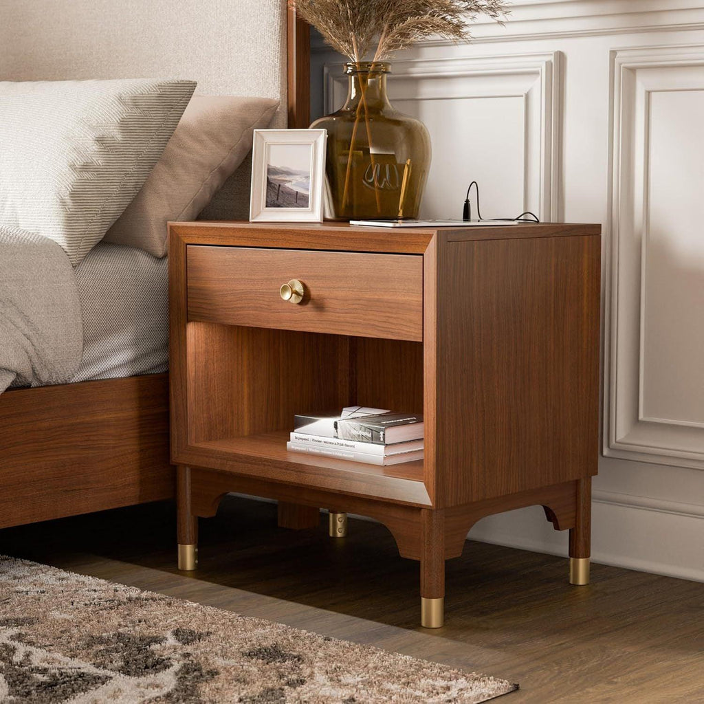 Mid Century Modern Nightstand with USB Port and Gold Legs.