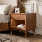 Mid Century Modern Nightstand with USB Port and Gold Legs.