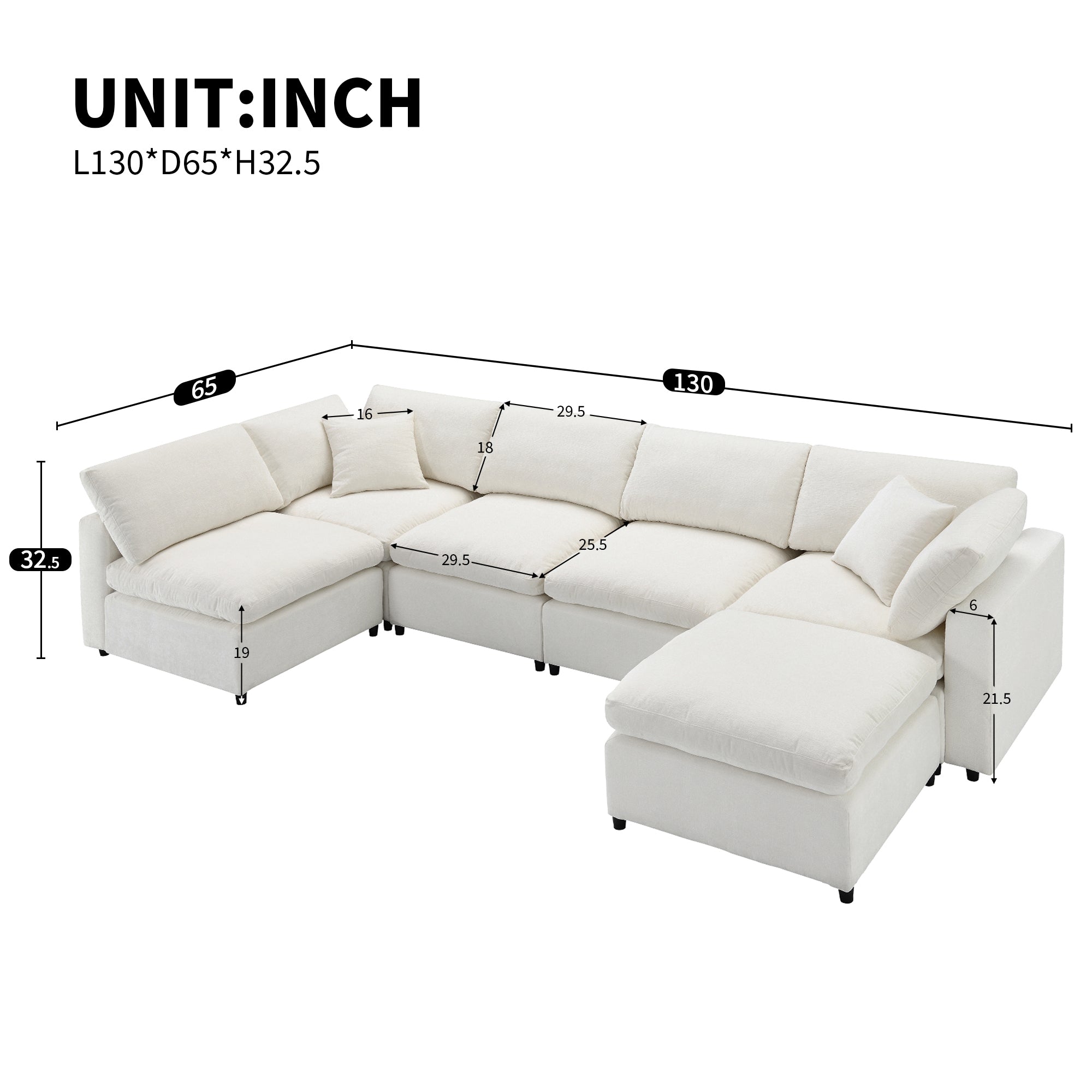 130' Modular Sofa Bed - Convertible 6 Seat Sectional with dimensions labeled in inches, showcasing modular layout and seat measurements.