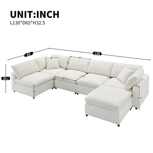 130' Modular Sofa Bed - Convertible 6 Seat Sectional with dimensions labeled in inches, showcasing modular layout and seat measurements.