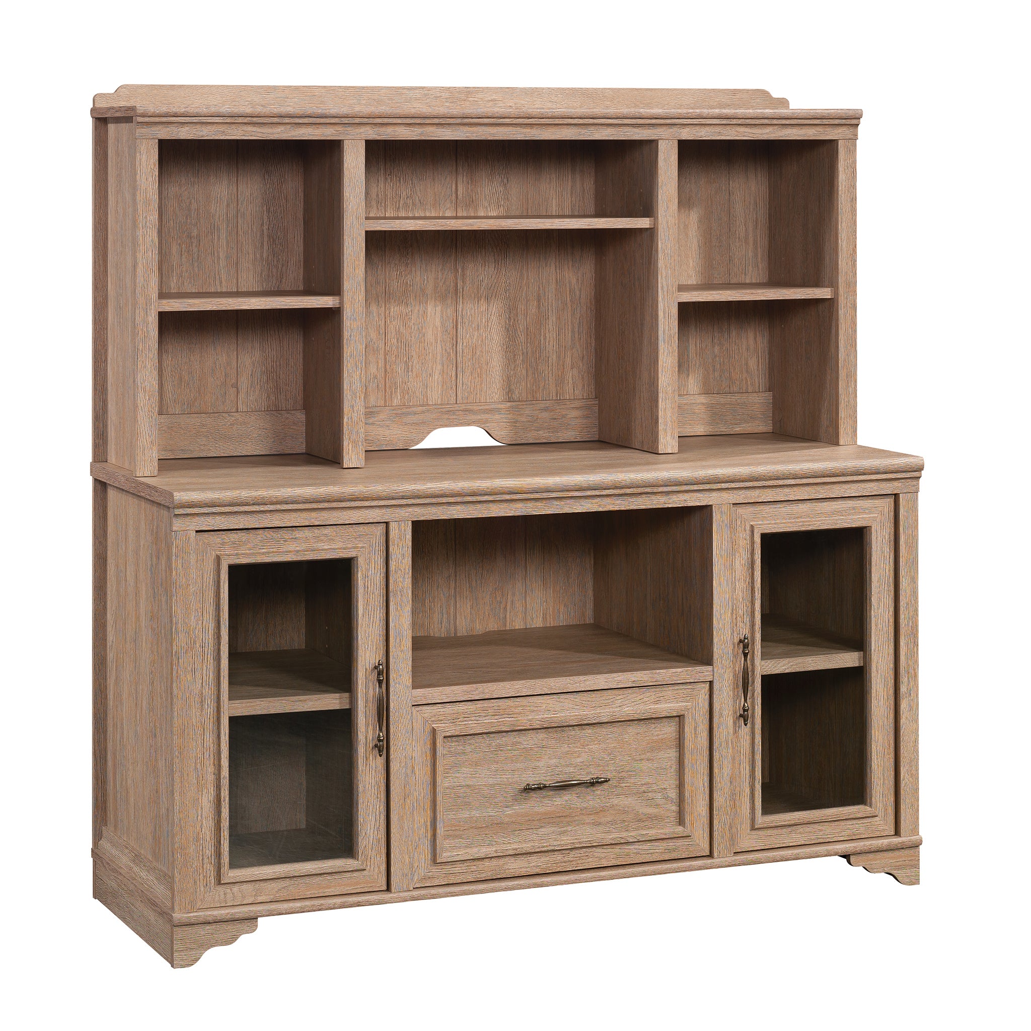 Modern Office Credenza Set with Hutch in brown finish featuring glass doors, open shelving, and a full-extension file drawer for office storage.