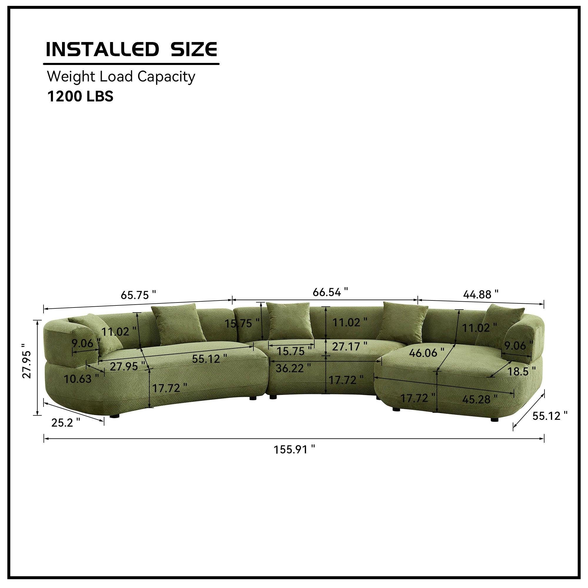 155.91 inch Curved Green Sectional Sofa with 5 Pillows.