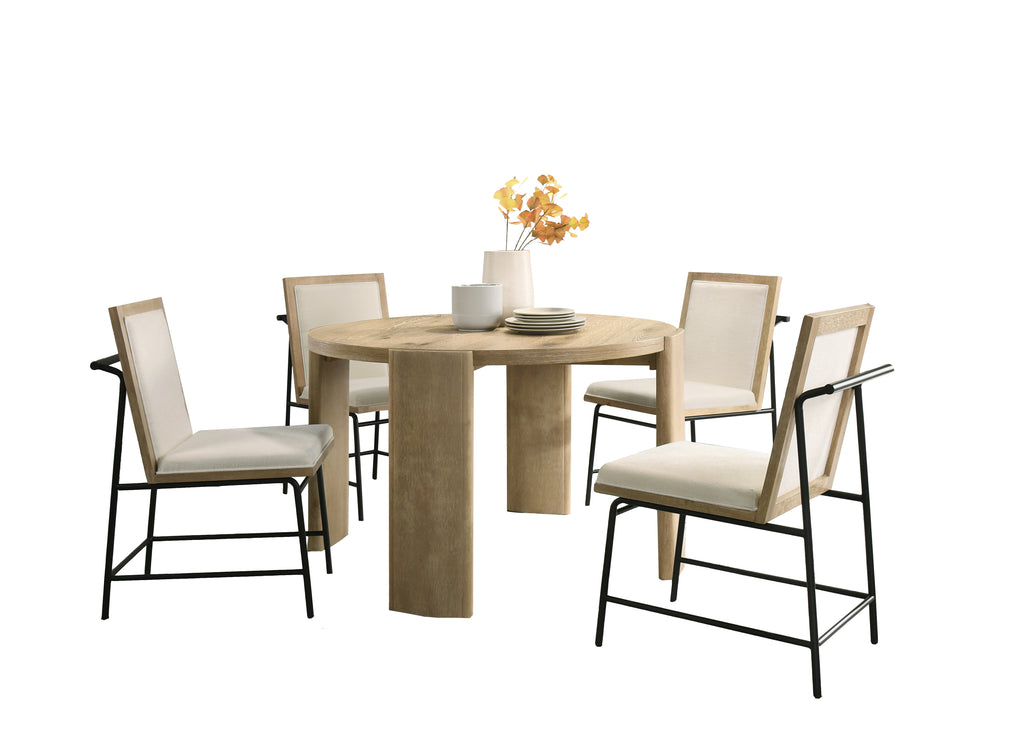 Bowen Oak Dining Table Set with Cream Upholstered Chairs on white background. Solid oak round table and four padded chairs, seats 4.