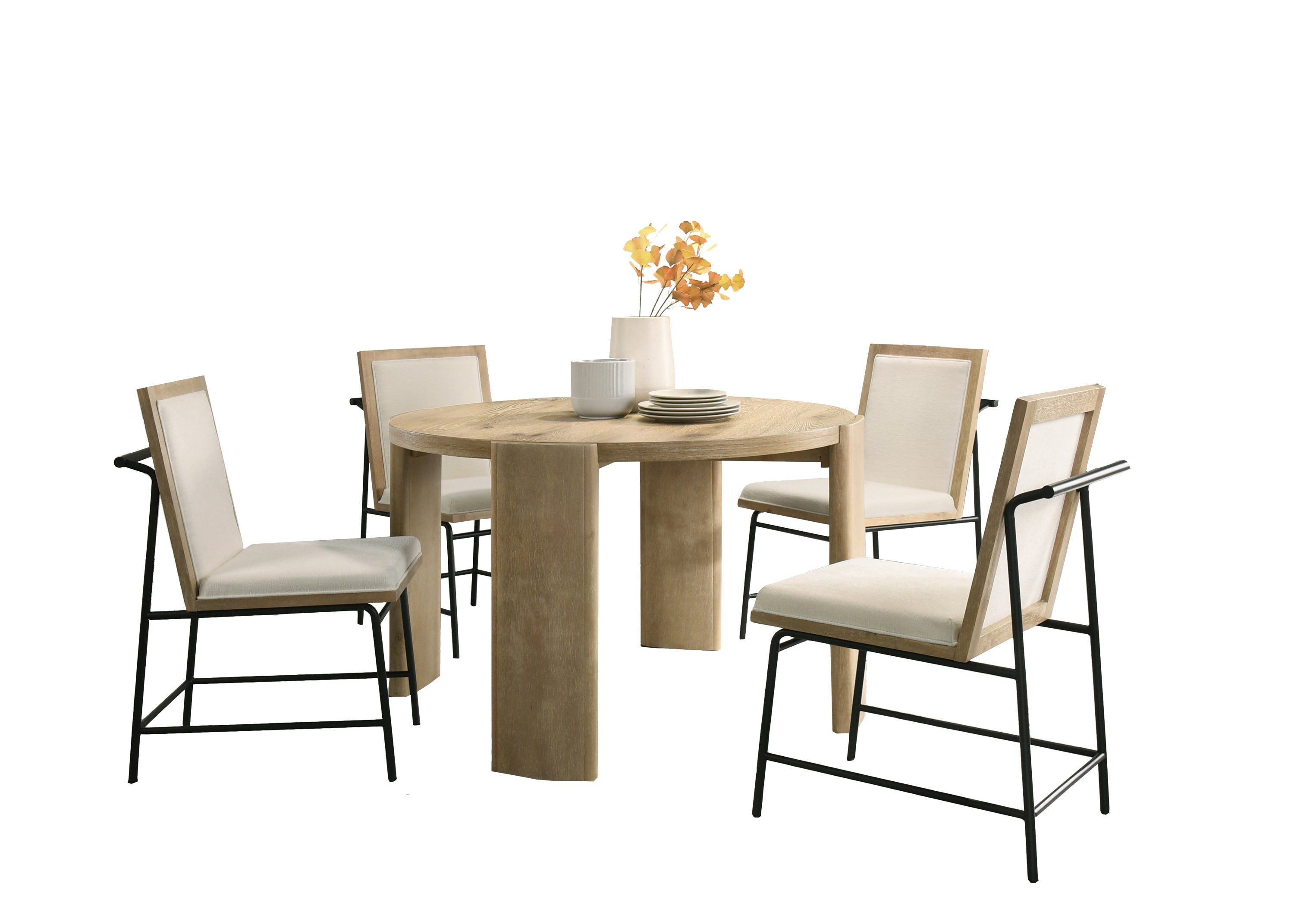 Bowen Oak Dining Table Set with Cream Upholstered Chairs on white background. Solid oak round table and four padded chairs, seats 4.