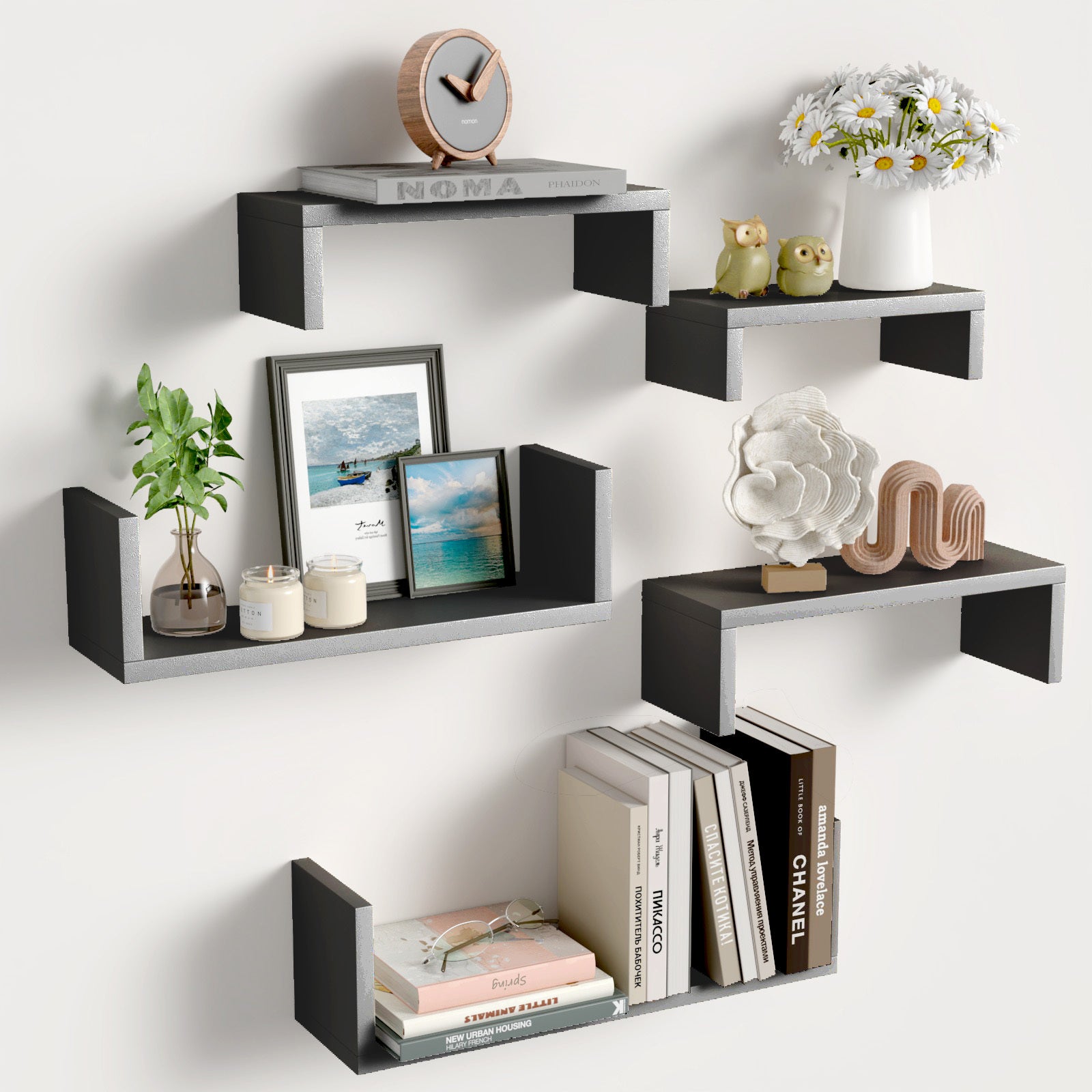 Set of 5 Black Wood Floating Wall Shelves for Modern Home Decor