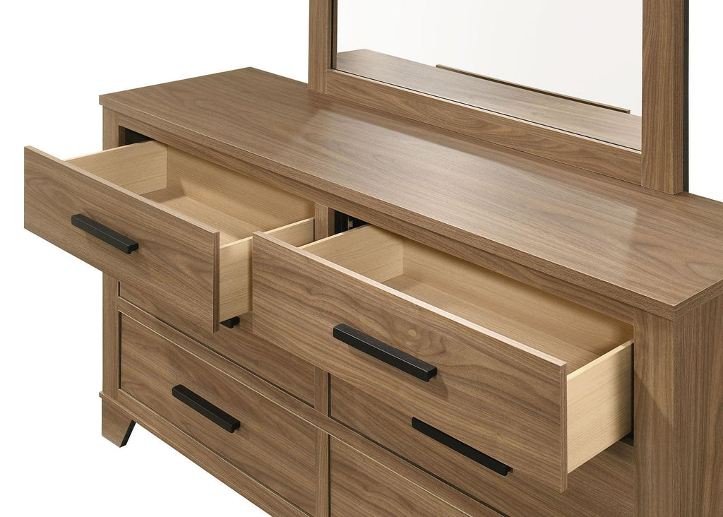 Walnut Color Six Drawers Dresser with Black Bar Pulls.