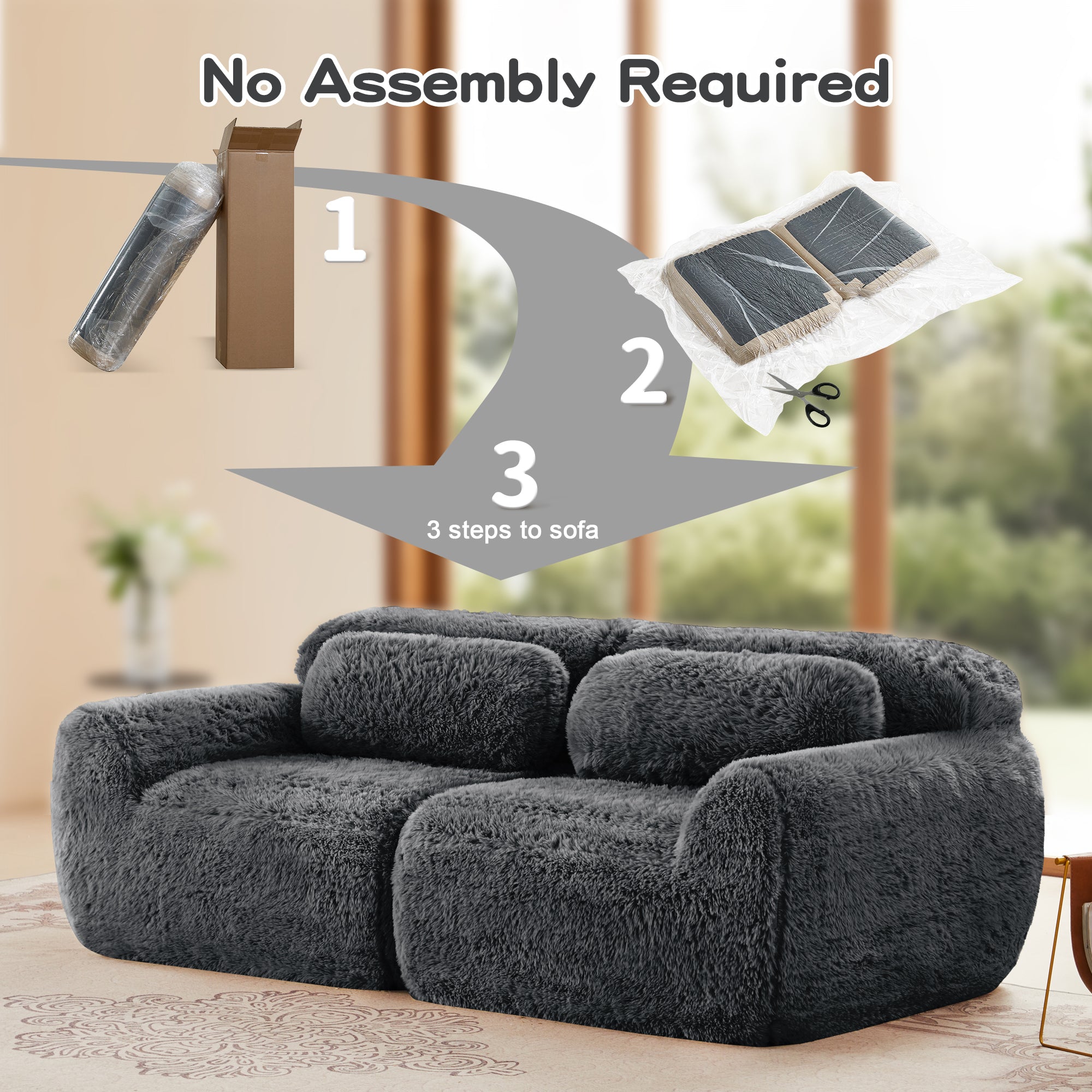 No assembly required for Modular Sofa - Dark Grey, showing easy 3-step setup process from box to sofa.