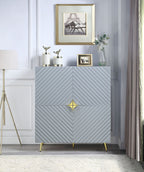 Modern gray high-gloss storage cabinet with a textured chevron pattern, gold star-shaped hardware, and slim gold legs.