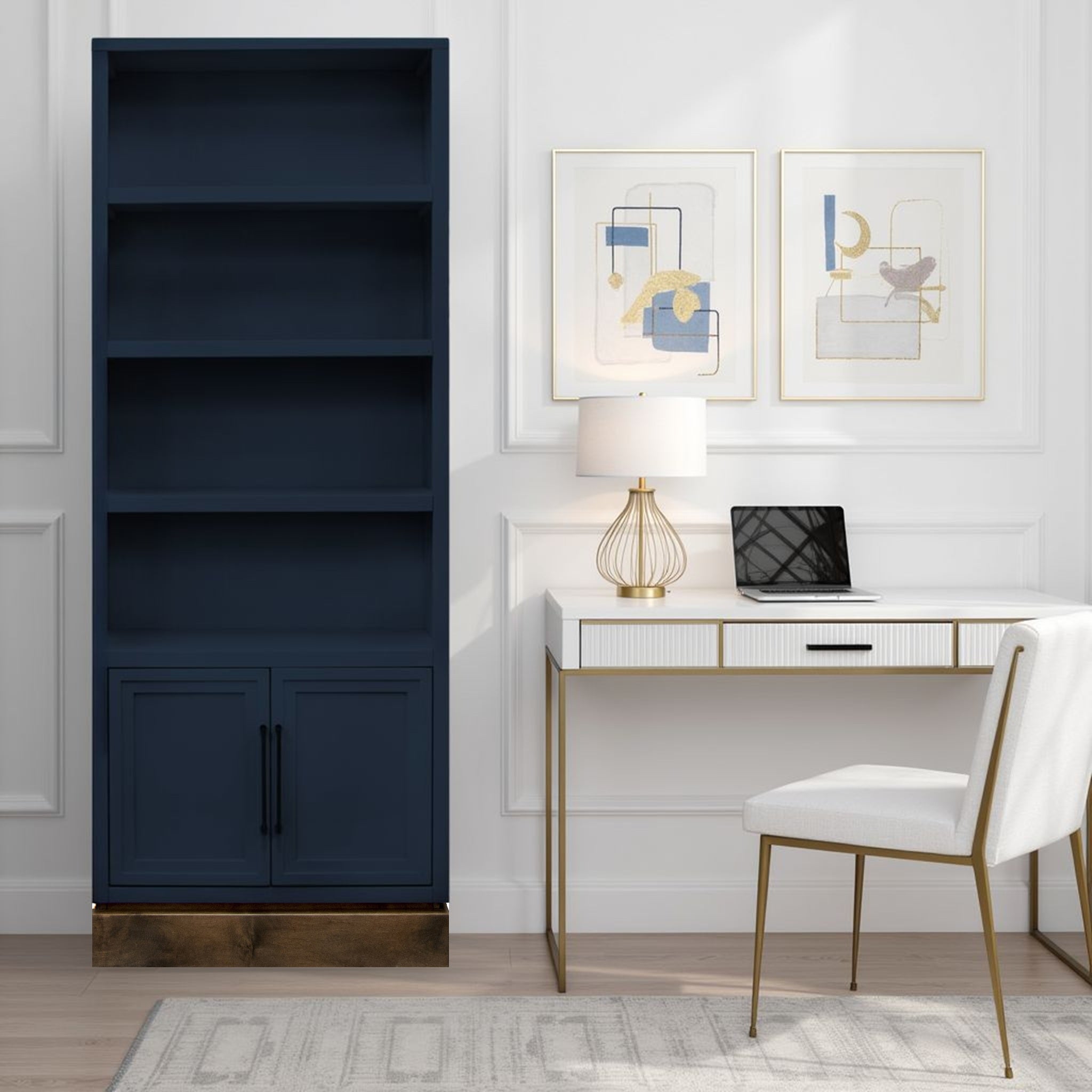 Nora 82 Inch Bookcase in Blue Denim & Whiskey Finish styled in a modern white office with gold accents and a white desk.