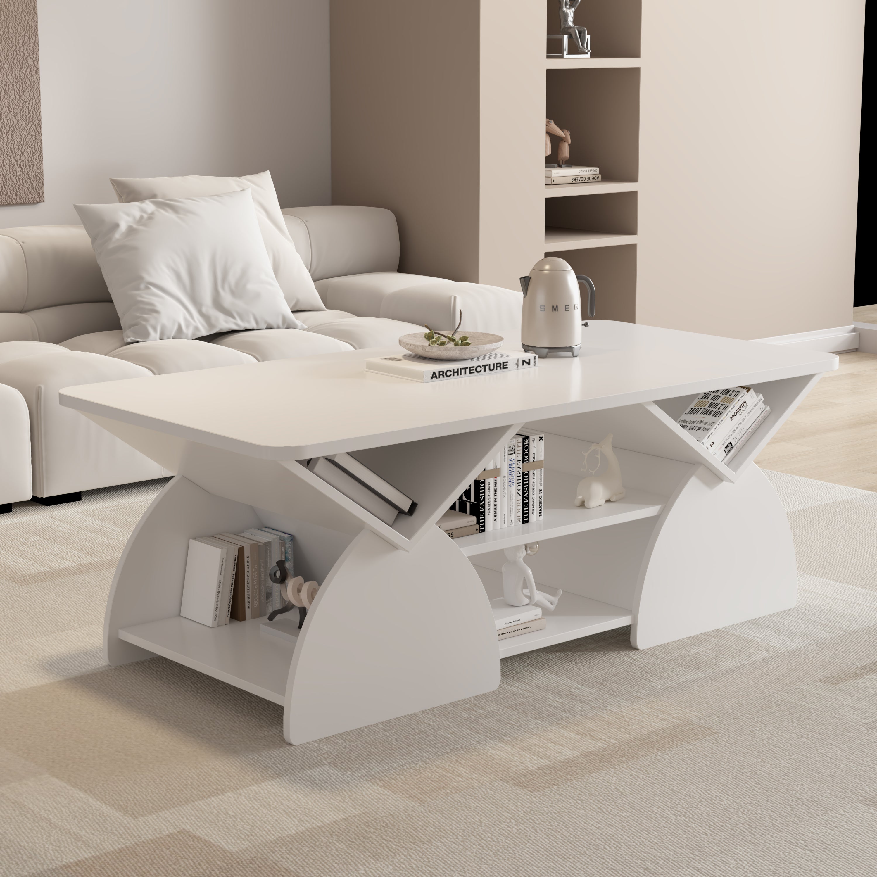 Engineered wood coffee table with geometric storage design in modern living room. Features six compartments and a sleek white finish.