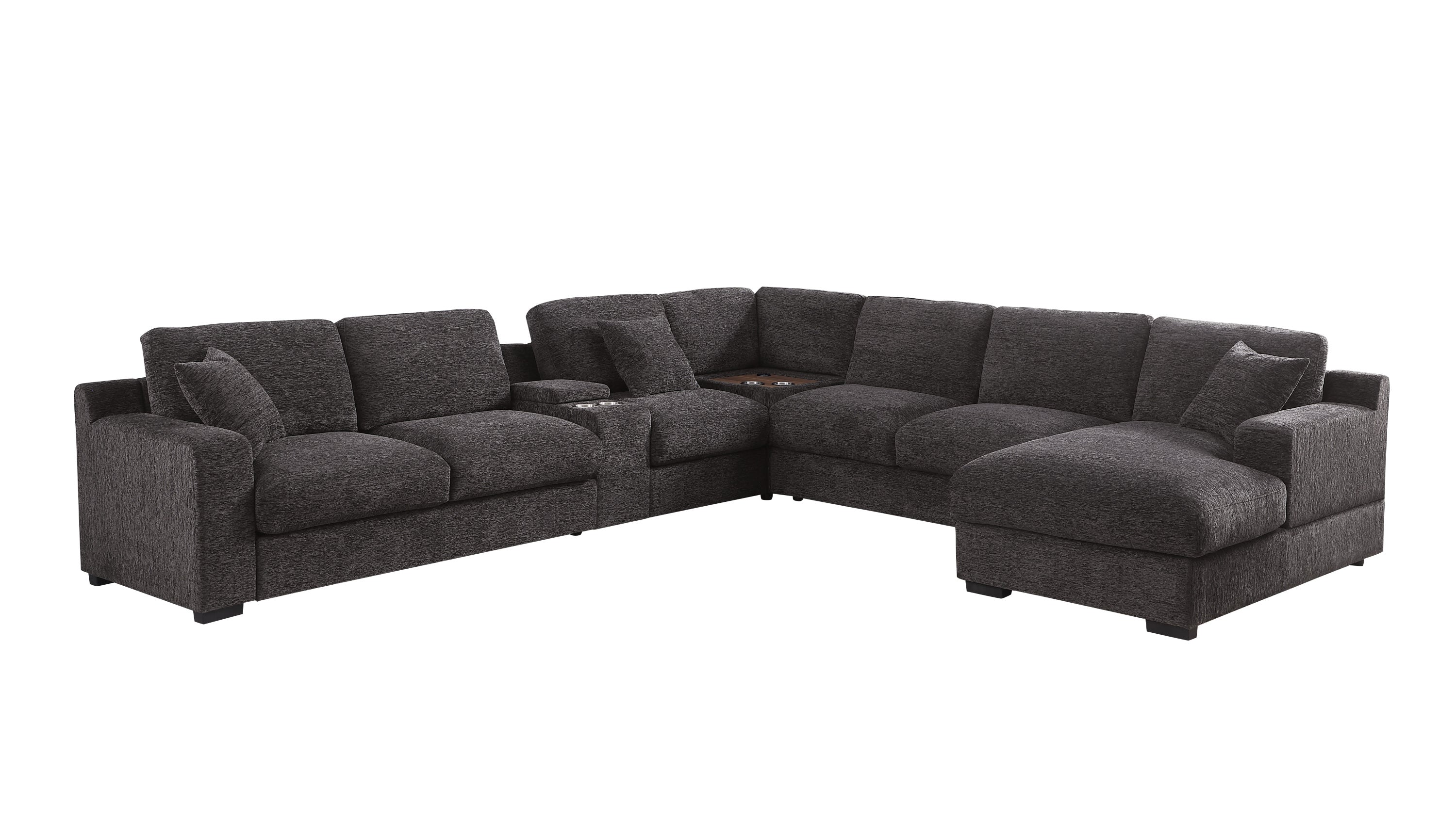 Gray chenille sectional sofa with modular design, right-facing chaise, built-in cupholders, and charging ports on white background.