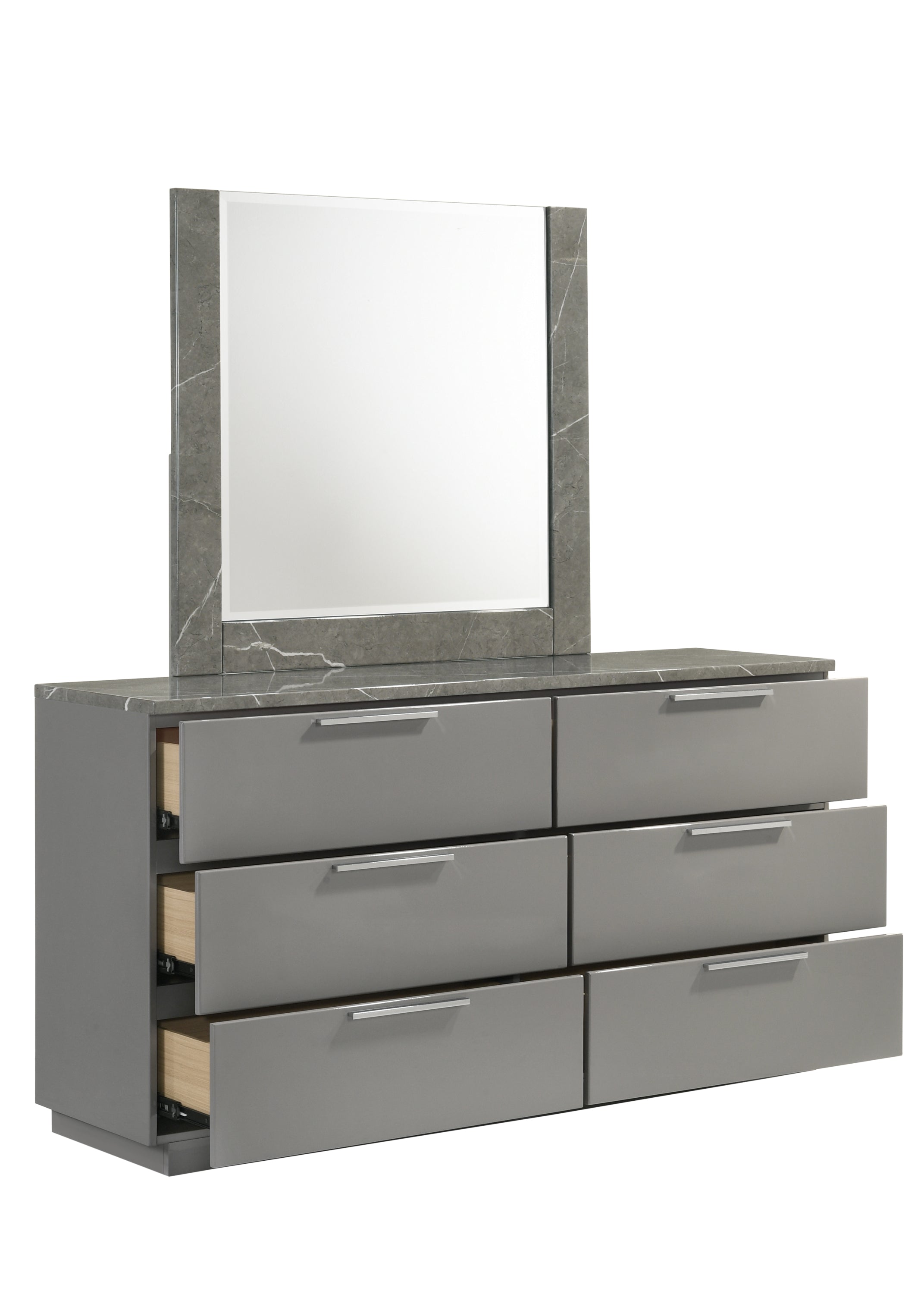 Elara Dresser Two-Tone - Modern, Spacious Drawers with all six drawers open. Showcases deep storage and smooth drawer glides.